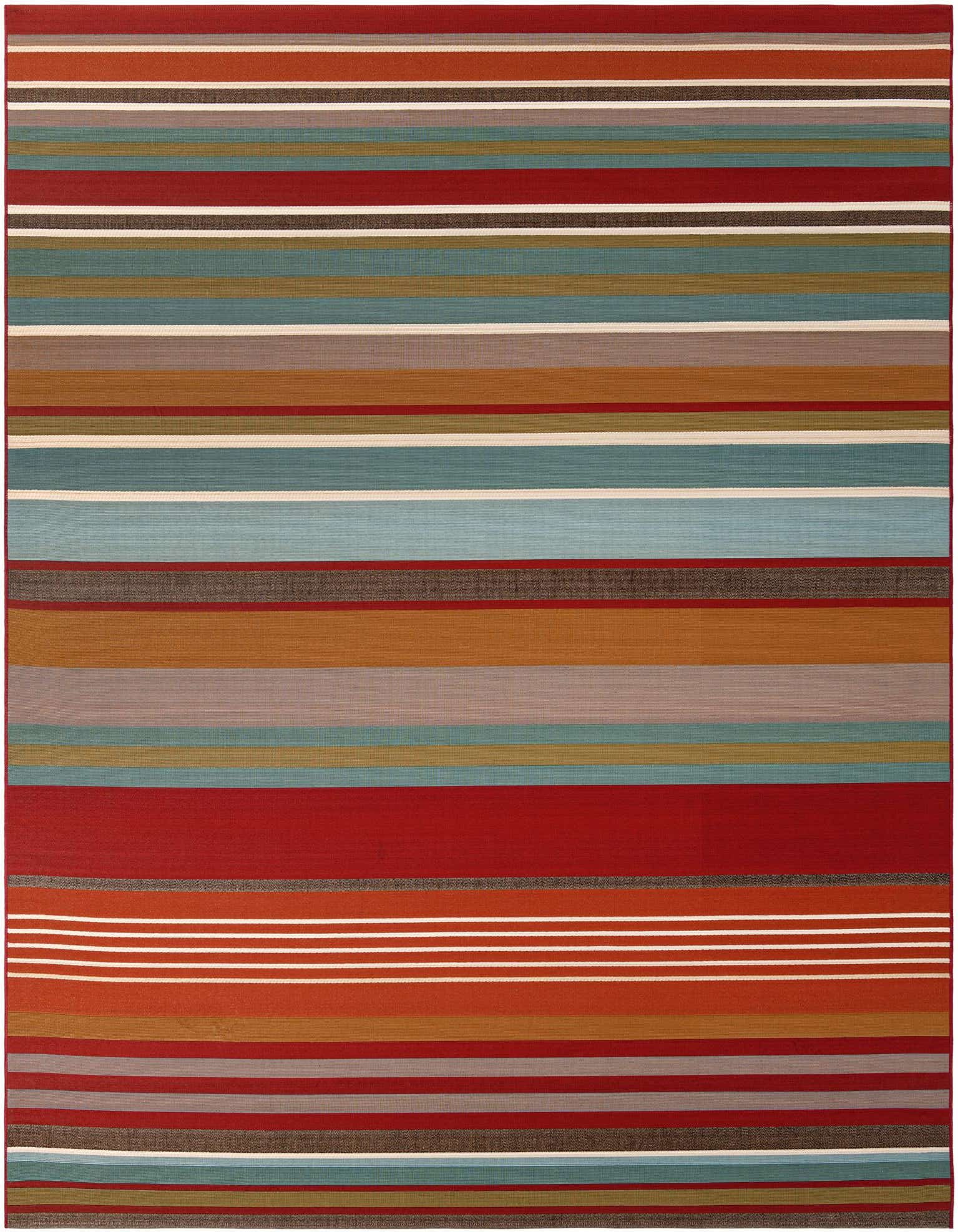 A 9x12 rectangular multi-colored modern flatweave rug featuring horizontal stripes in various widths and shades of red, blue, brown, and orange.