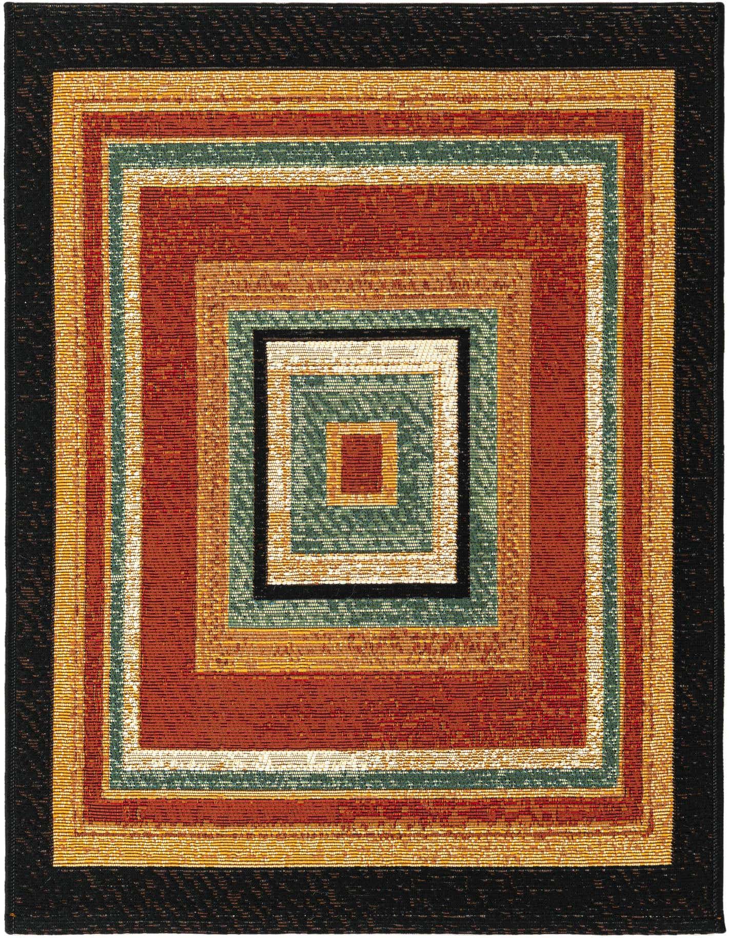 A 2x3 multi-colored rectangular rug with a modern geometric pattern of concentric squares in shades of rust, gold, teal, and black.