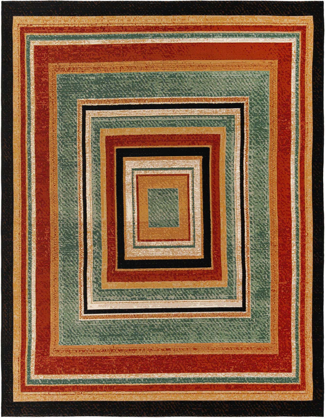 A 6x9 rectangular multi-colored modern rug featuring concentric squares in shades of black, rust, gold, and teal.