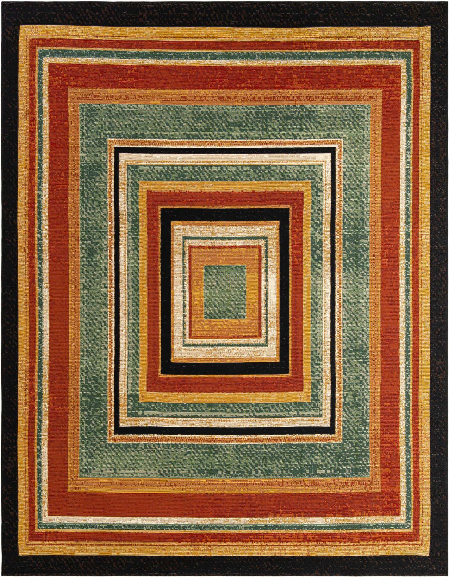 A rectangular 8x10 multi-colored modern area rug with a concentric square pattern in shades of green, orange, yellow, black, and white.