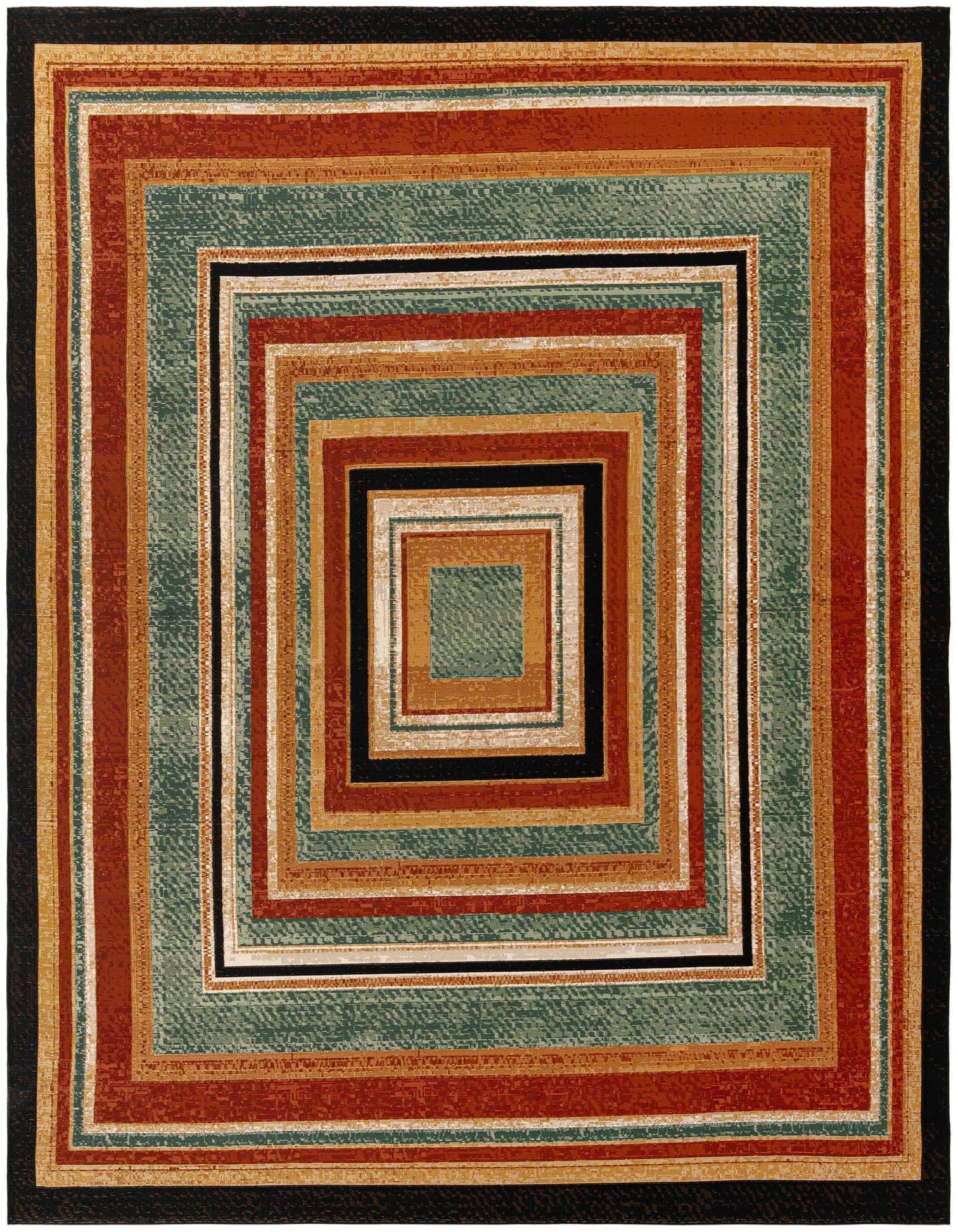 A 9x12 multi-colored rectangular rug with a modern stripe pattern, featuring concentric squares in shades of rust, teal, gold, and black.