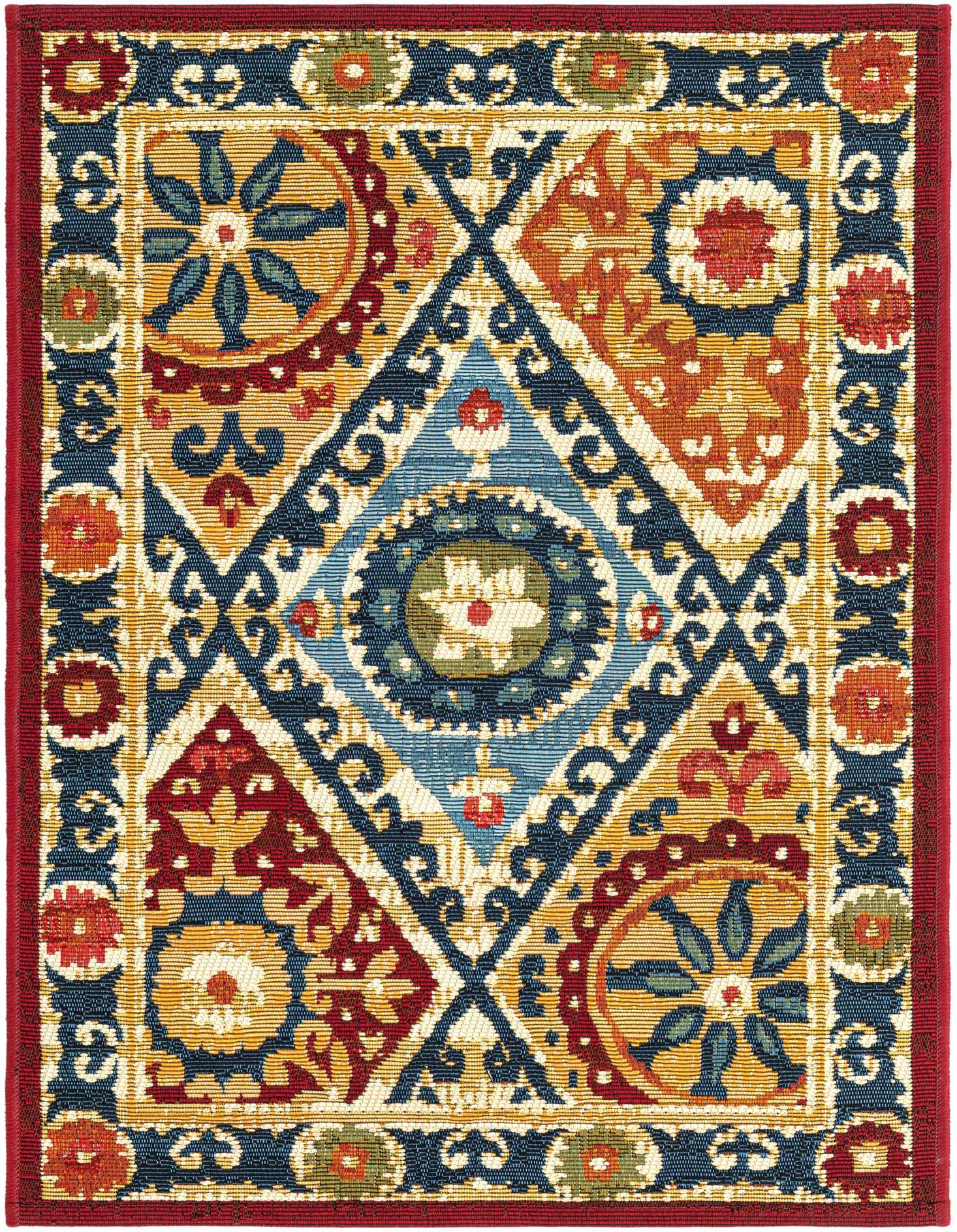 A 2x3 multi-colored rectangular rug with a modern geometric and floral pattern, featuring shades of blue, gold, red, and orange, suitable for indoor or outdoor use.