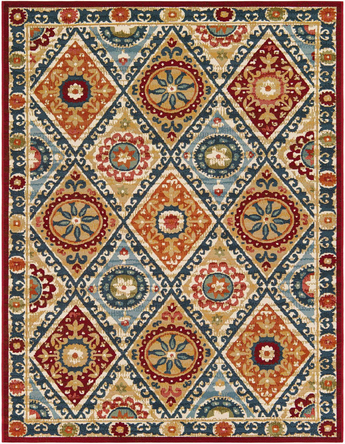 A 5x8 multi-colored rectangular rug featuring a traditional medallion and diamond pattern with a deep red border.