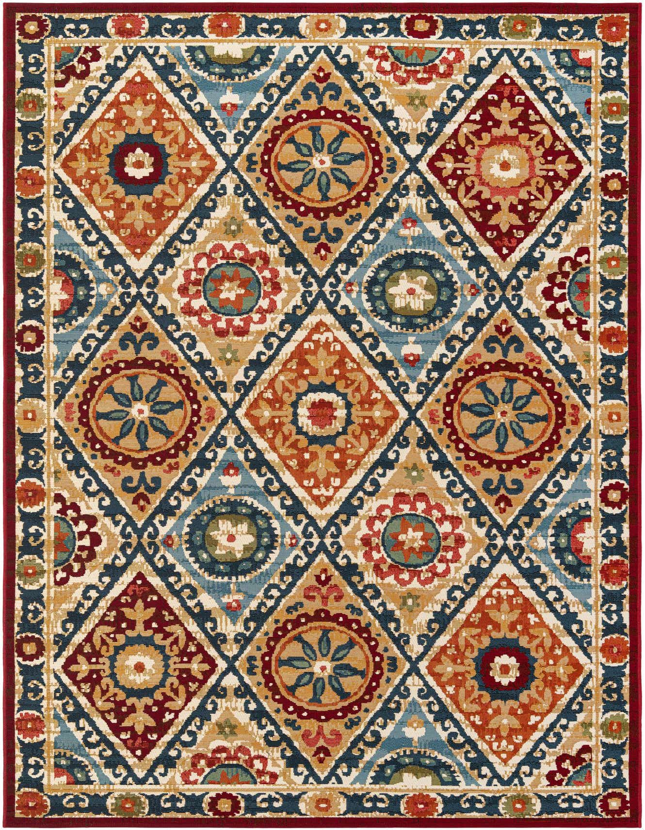 A 6x9 multi-colored modern rectangular rug with a diamond and medallion pattern, featuring shades of blue, red, orange, and beige, suitable for indoor or outdoor use.