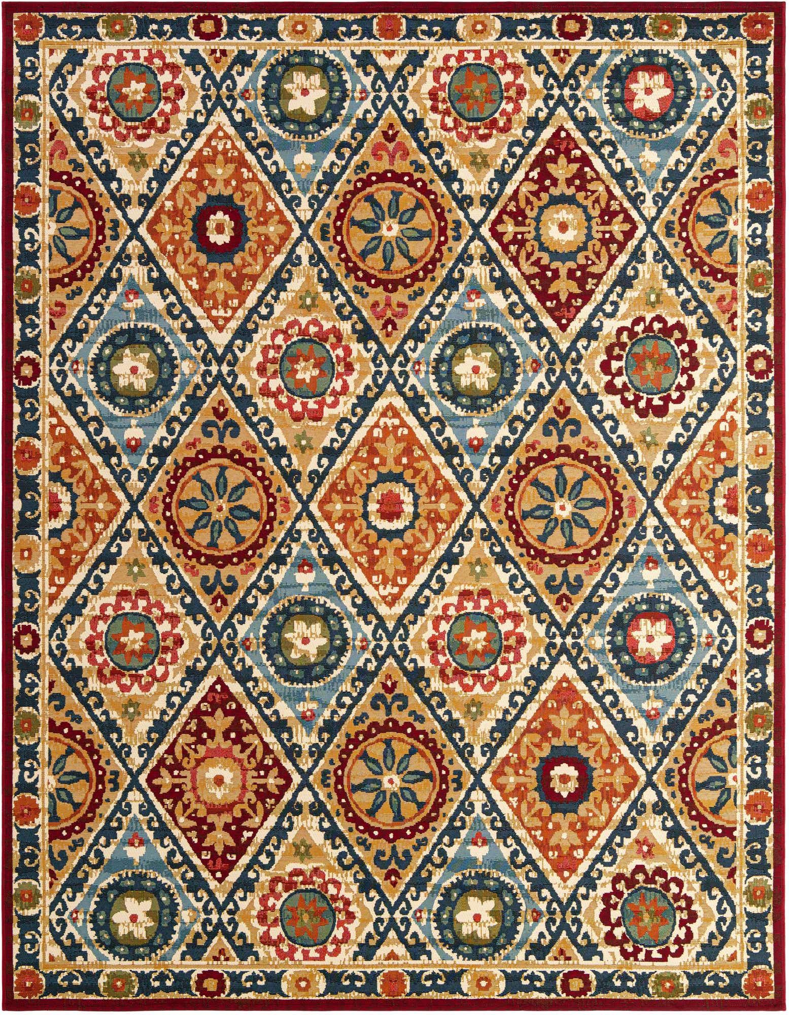 A vibrant 8x10 multi-colored modern rectangular rug with a diamond and medallion pattern, featuring shades of red, blue, orange, and gold, suitable for indoor or outdoor use.