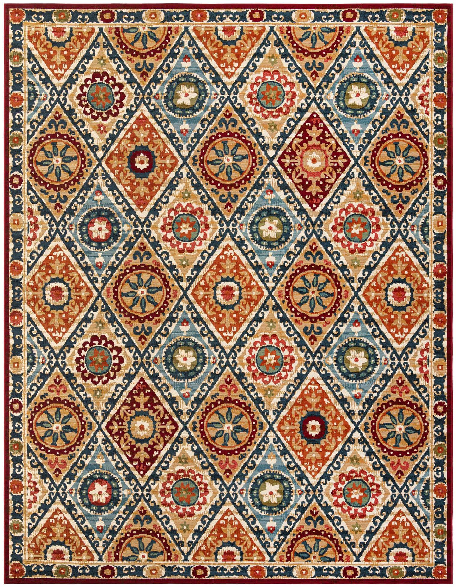 A 9x12 multi-colored rectangular rug featuring a vibrant traditional Oriental pattern with diamond and floral motifs.