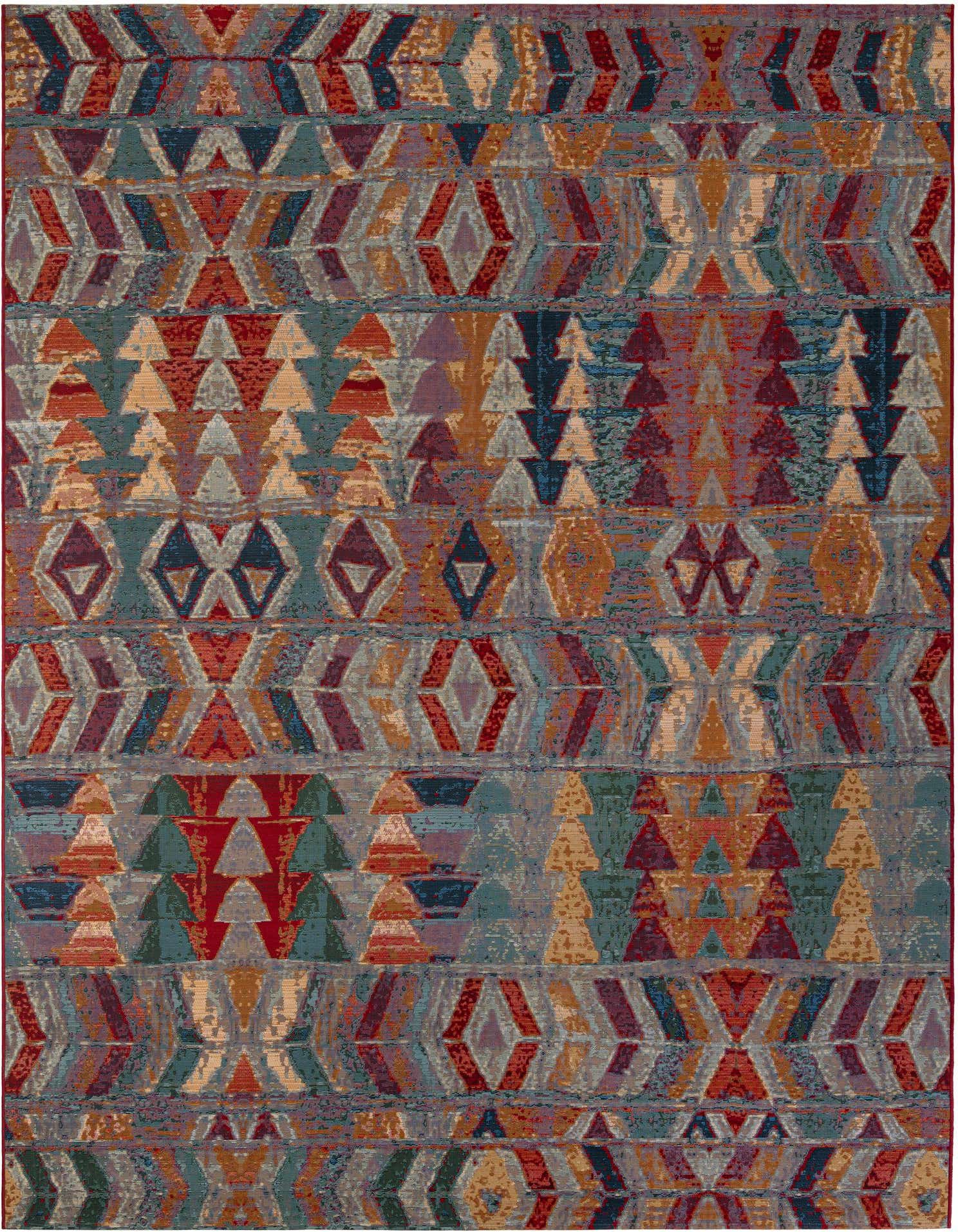A 9x12 multi-colored rectangular flatweave rug featuring a vibrant tribal and Southwestern geometric pattern with stripes, suitable for indoor or outdoor use.