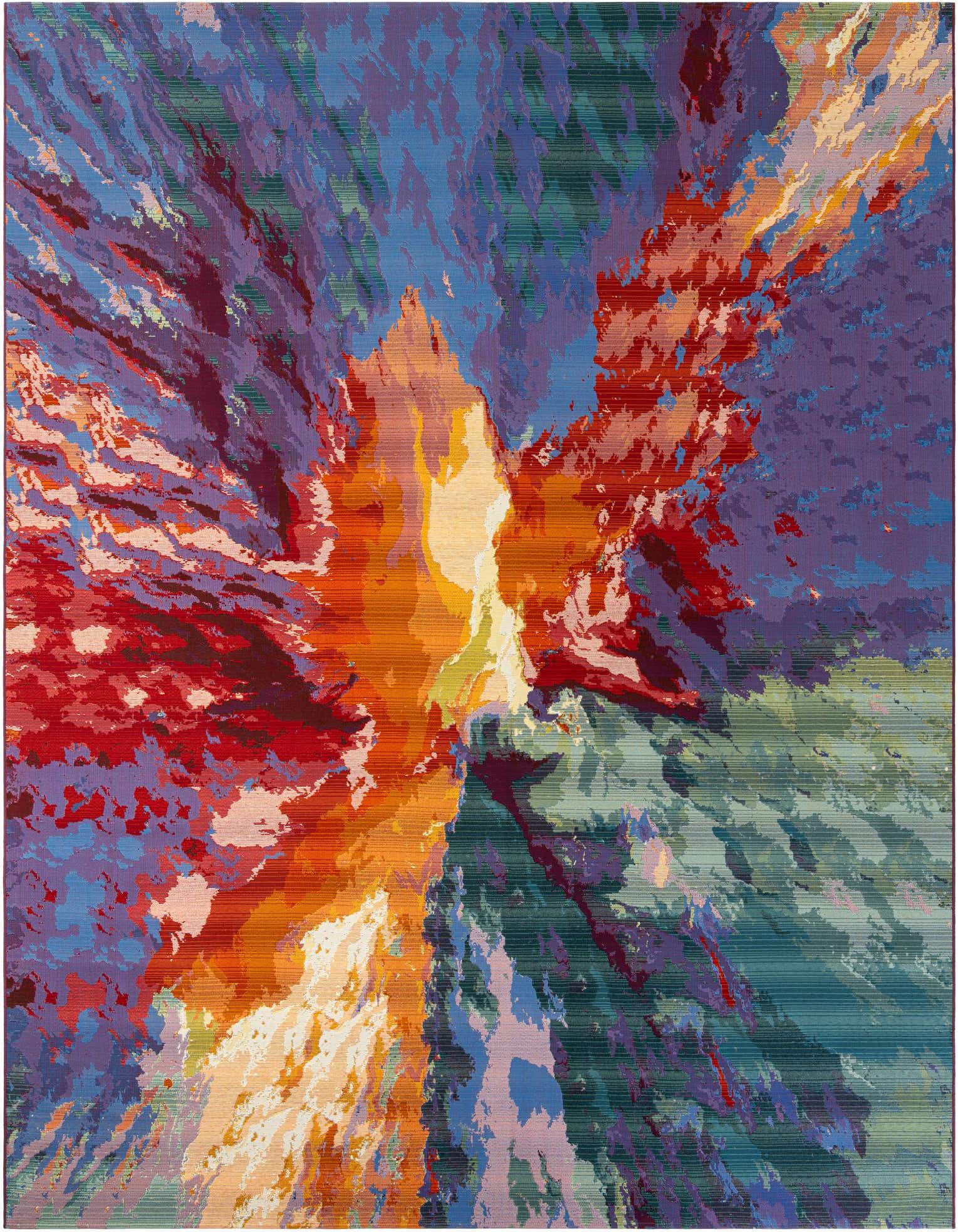 A vibrant 10x13 multi-colored abstract rug with a central burst of orange and yellow, surrounded by swirling reds, blues, purples, and greens, suitable for indoor or outdoor use.