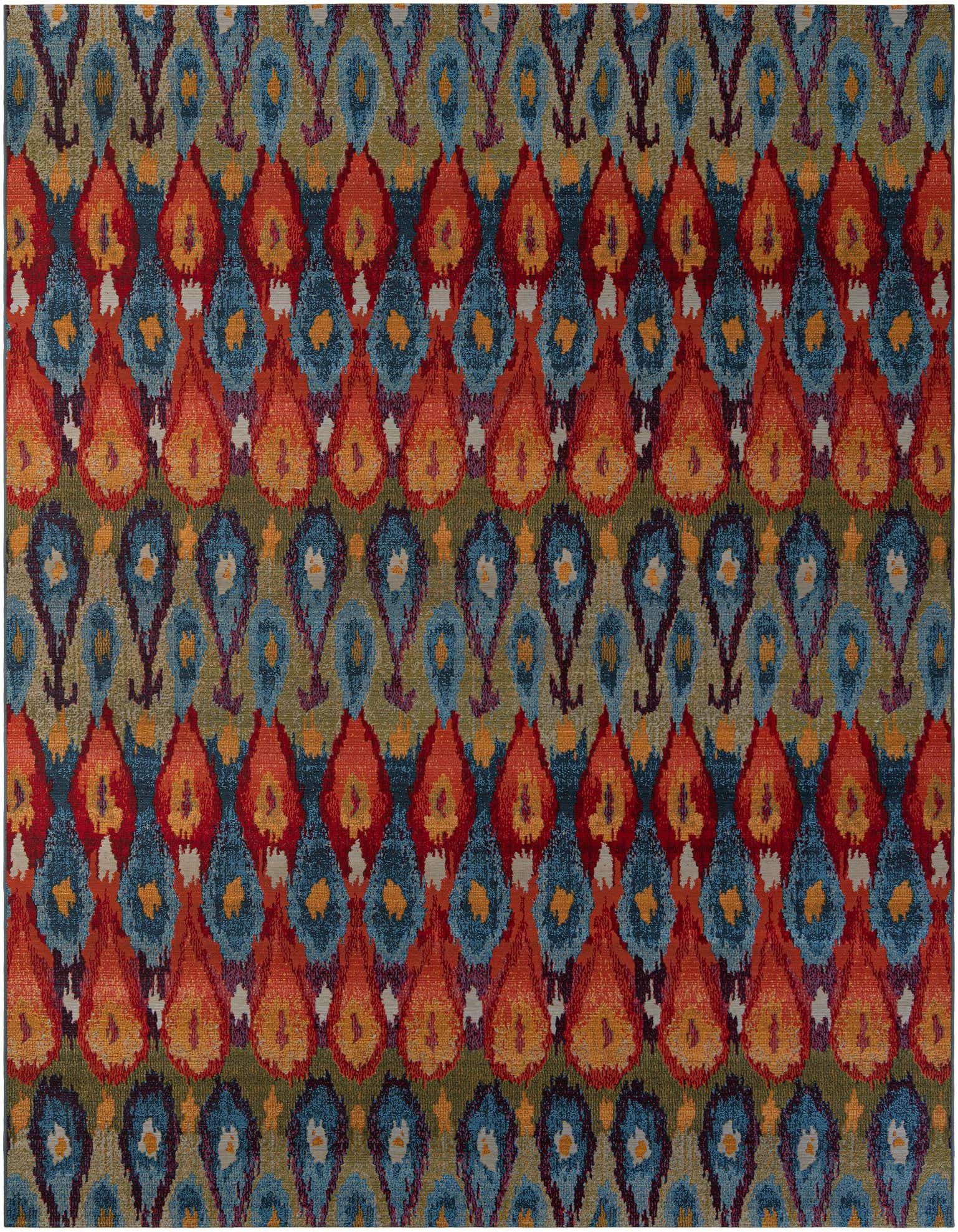 A 9x12 rectangular multi-colored modern rug featuring a vibrant ikat pattern in shades of orange, blue, and green.