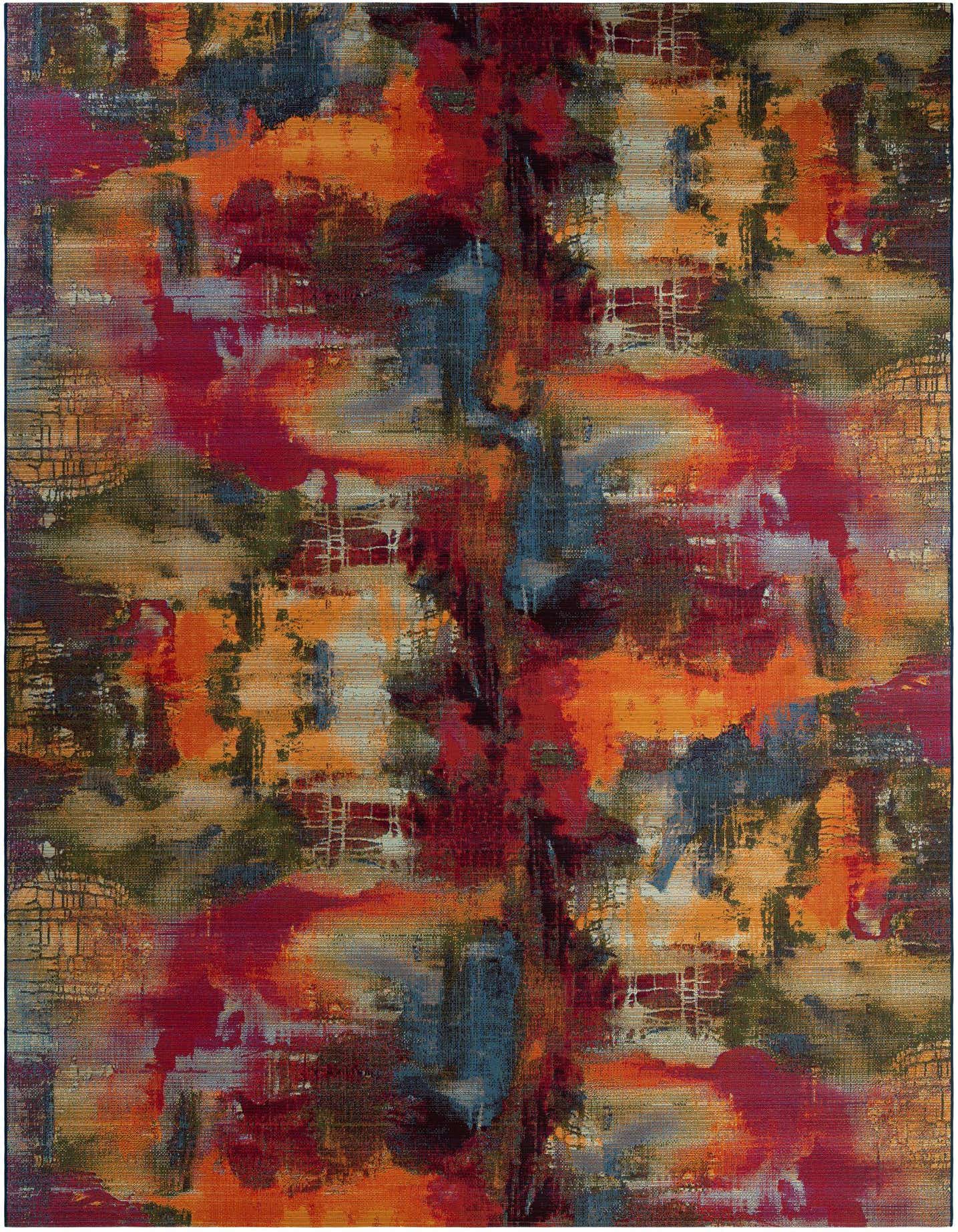 A 10x14 rectangular multi-colored abstract rug featuring vibrant reds, oranges, blues, and greens, suitable for indoor or outdoor use.