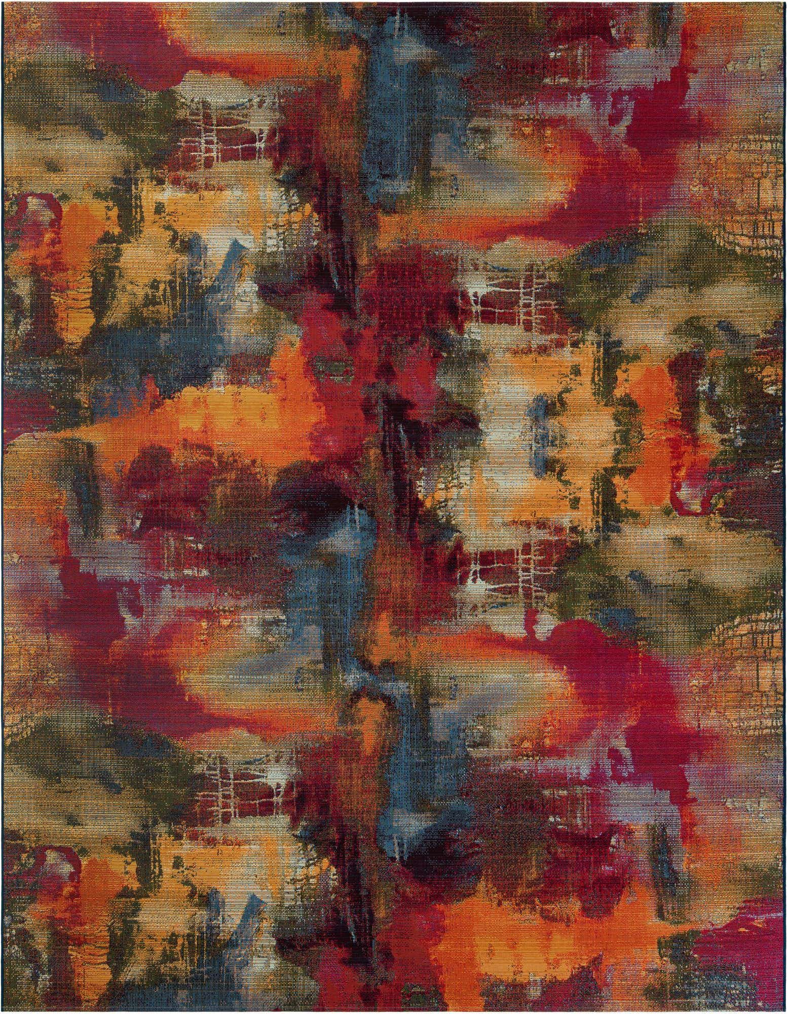 A 9x12 rectangular multi-colored abstract rug with a vibrant mix of red, orange, blue, and gold hues, suitable for indoor or outdoor use.