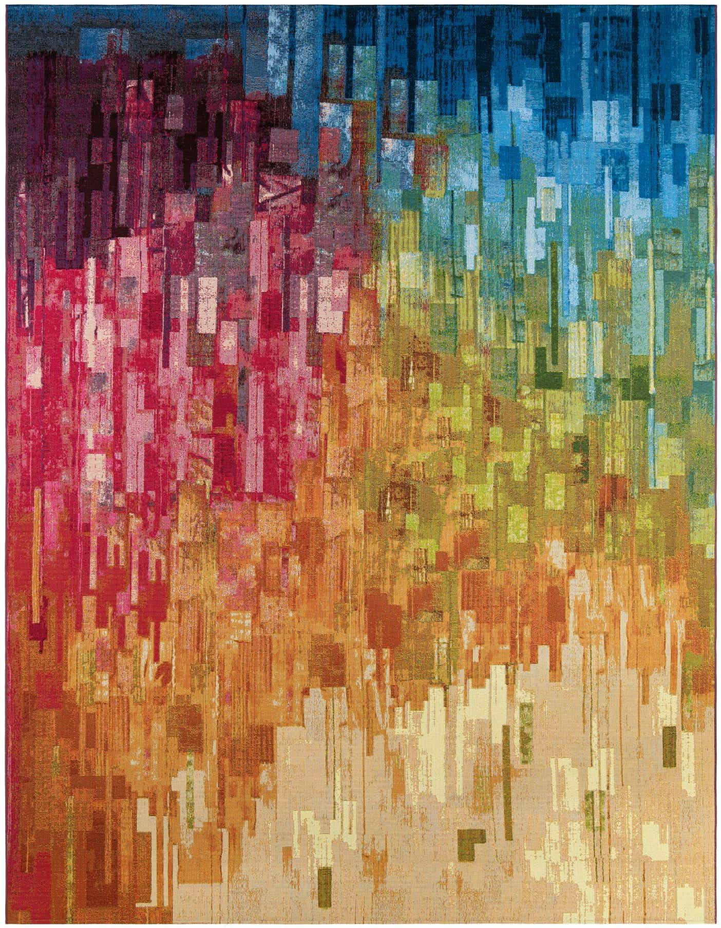 A 10x14 multi-colored rectangular modern abstract rug with a vibrant pixelated design, featuring shades of red, orange, green, and blue.