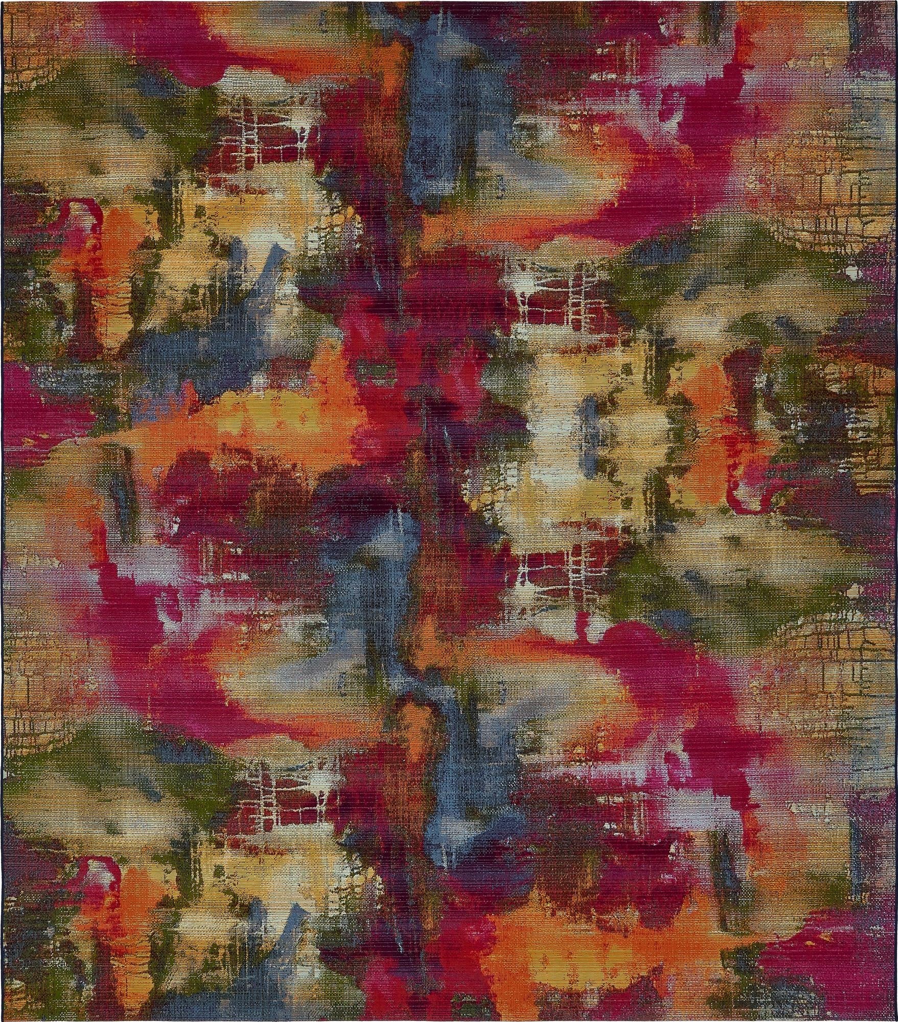A 10x12 multi-colored abstract rectangular rug with vibrant hues of red, orange, blue, and green, suitable for a patio.