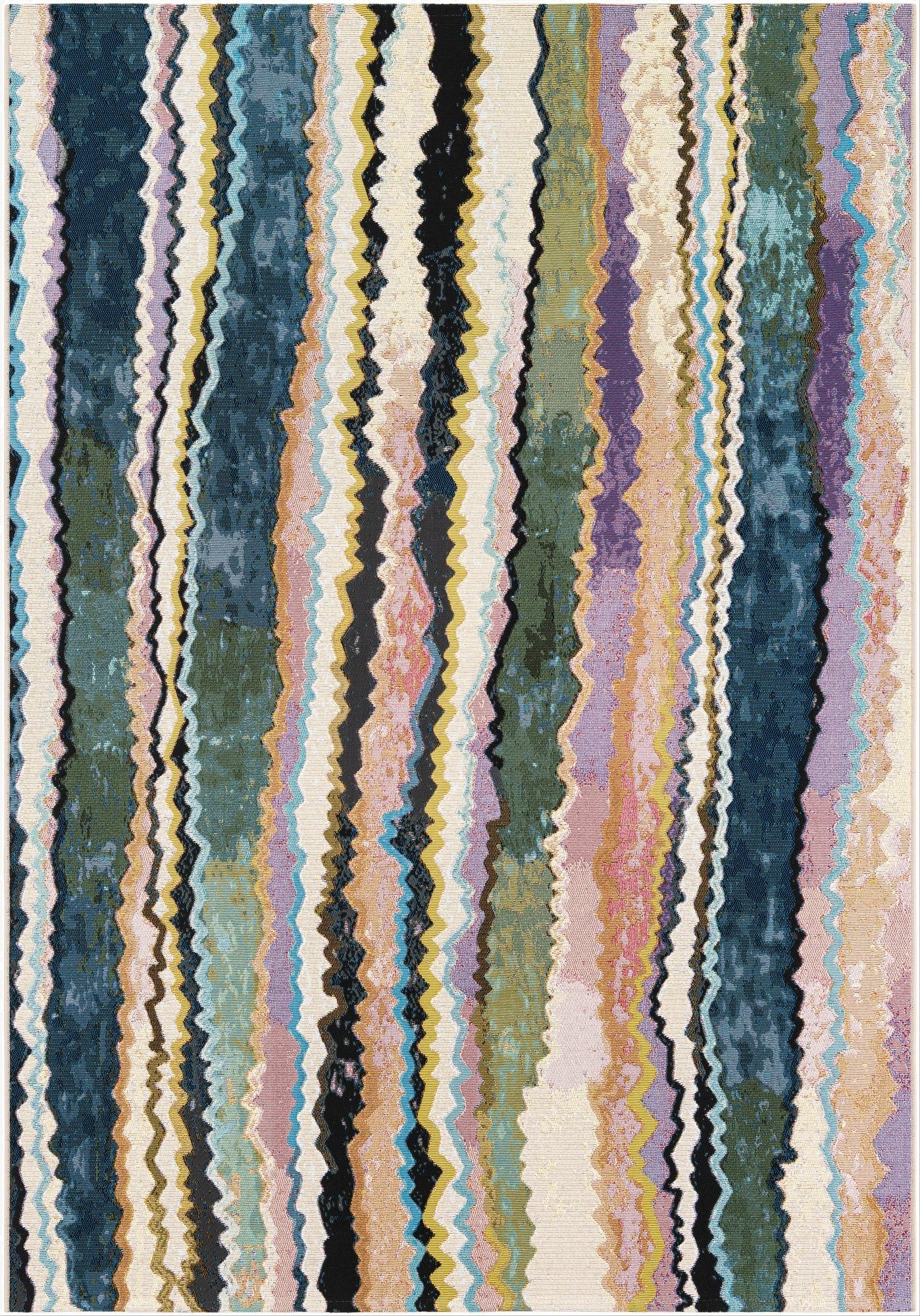 A 5x8 rectangular multi-colored modern abstract rug featuring wavy vertical stripes in various shades of blue, green, purple, pink, yellow, and black on a light background.