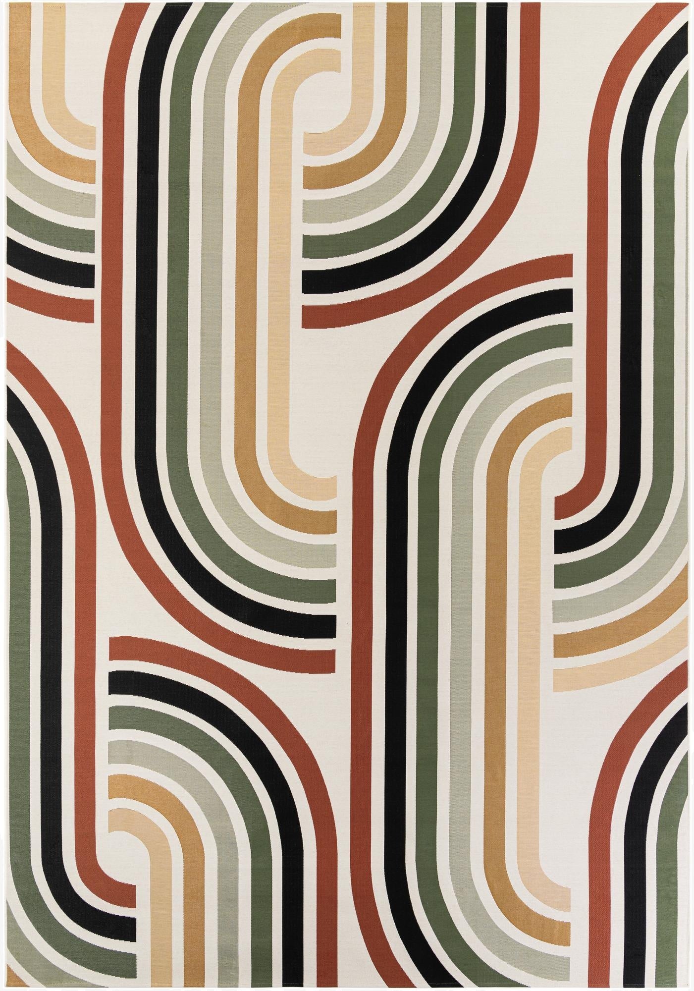 A 10x14 rectangular multi-colored rug with a modern abstract pattern of curved and straight lines in shades of black, rust, olive, and beige on a cream background, suitable for a patio.