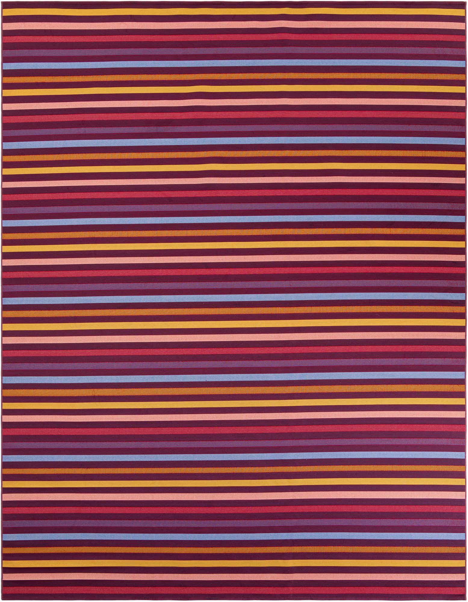 A 10x13 rectangular multi-colored striped rug with thin horizontal bands of purple, blue, yellow, and pink.