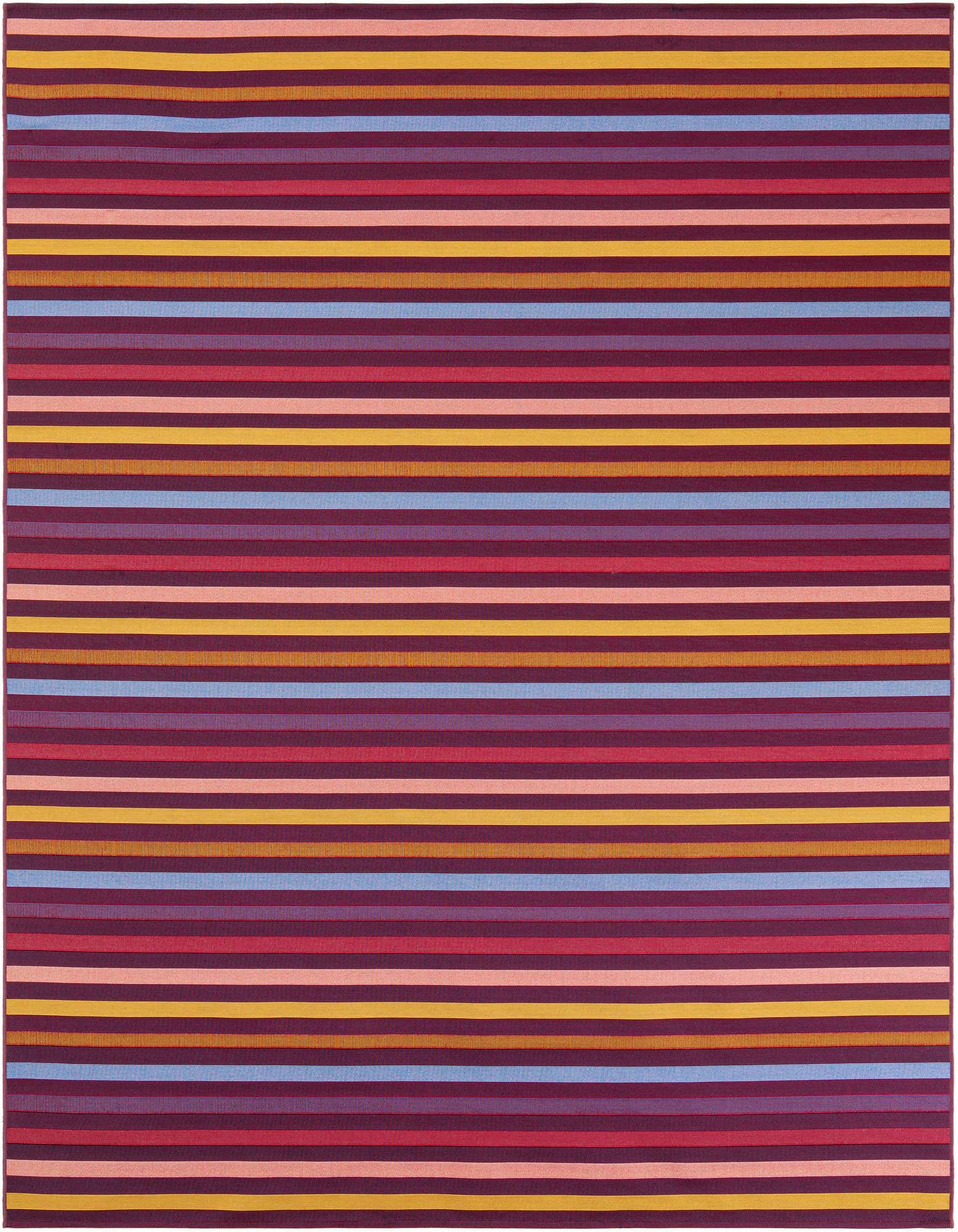 A vibrant 8x10 rectangular multi-colored striped rug, featuring horizontal bands of purple, pink, yellow, and blue, suitable for indoor or outdoor use.