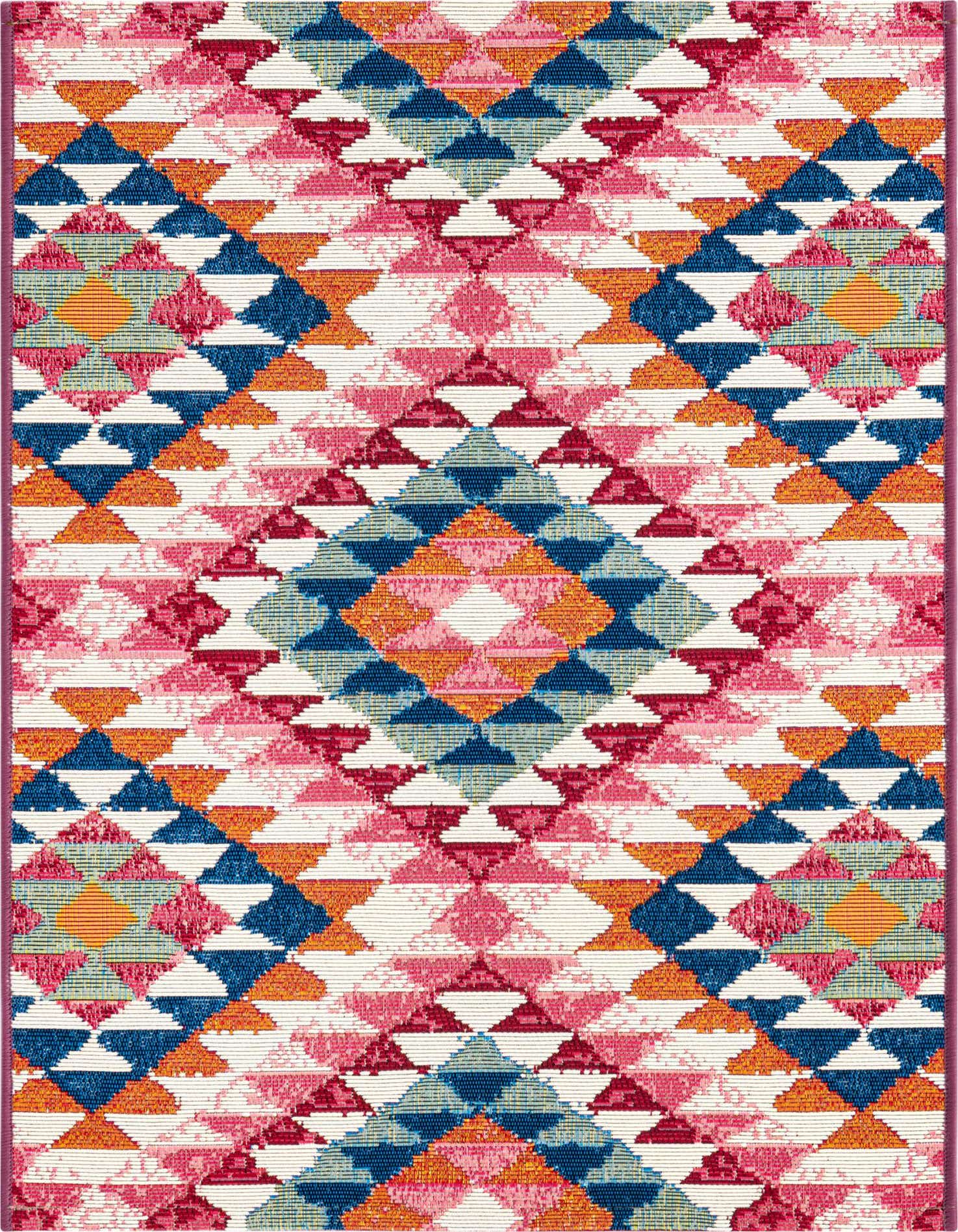 A 2x3 multi-colored rectangular rug with an eclectic Southwestern tribal pattern, featuring pink, blue, orange, and white geometric shapes.