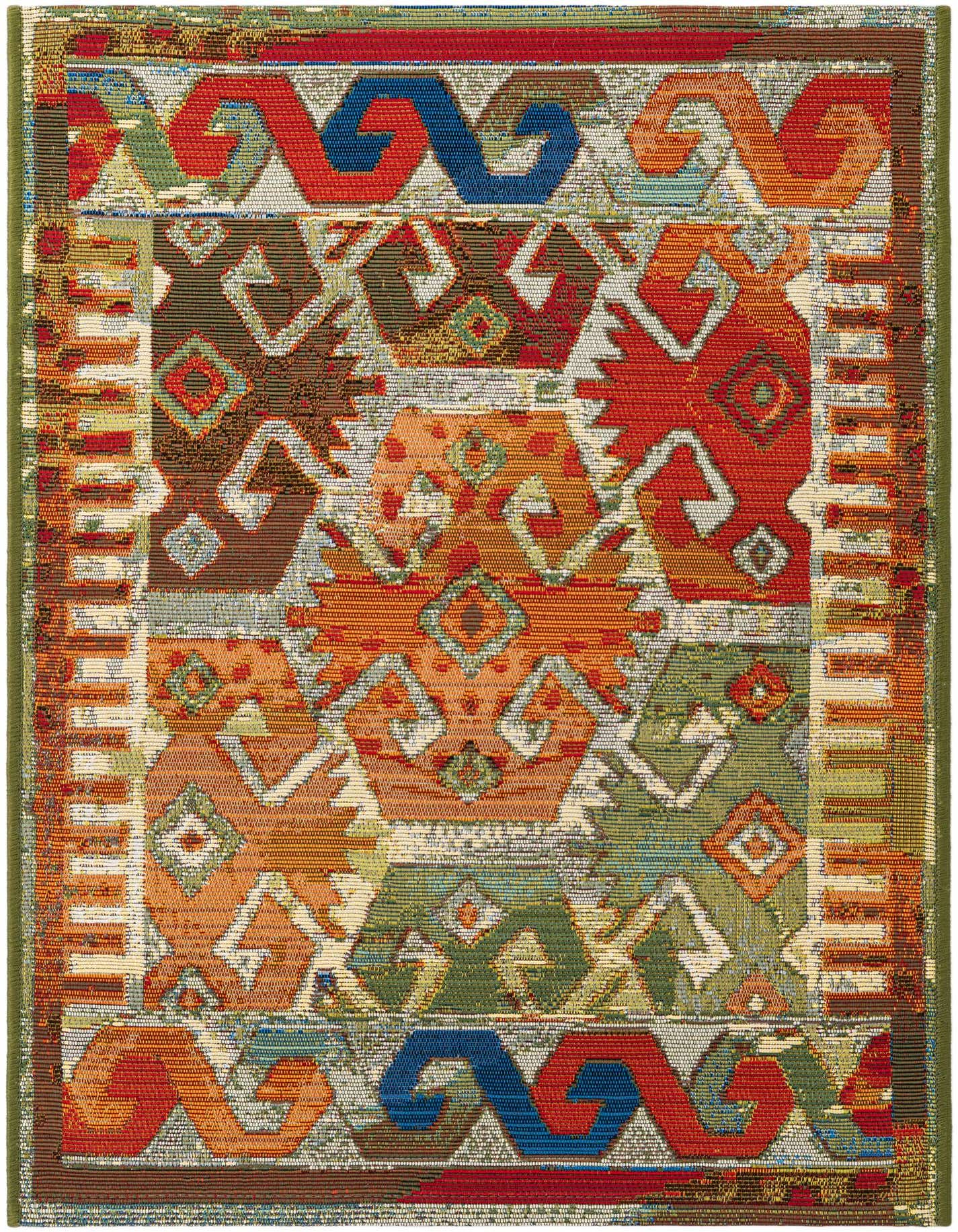 A 2x3 multi-colored rectangular rug with a traditional Southwestern pattern in shades of red, orange, blue, green, and brown.