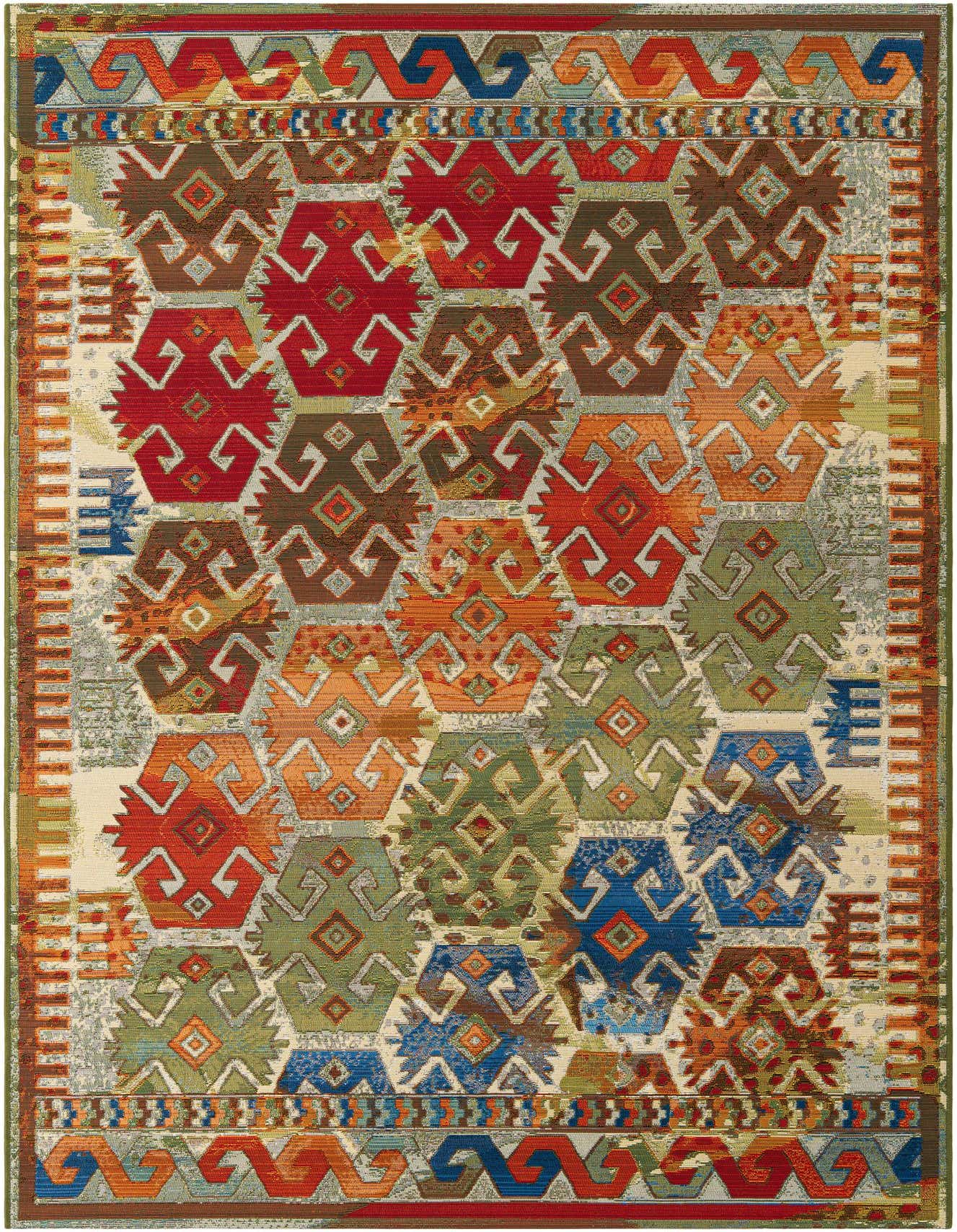 A 5x8 rectangular multi-colored rug with a traditional Southwestern geometric pattern in red, orange, green, and blue hues.