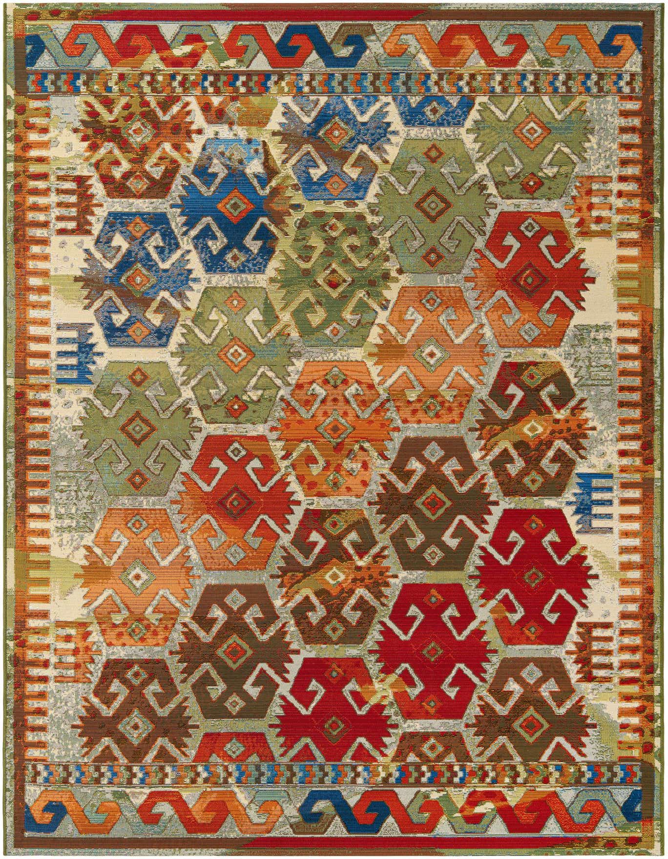 A 6x9 rectangular multi-colored rug with a traditional Southwestern pattern featuring geometric shapes in red, blue, green, and orange.