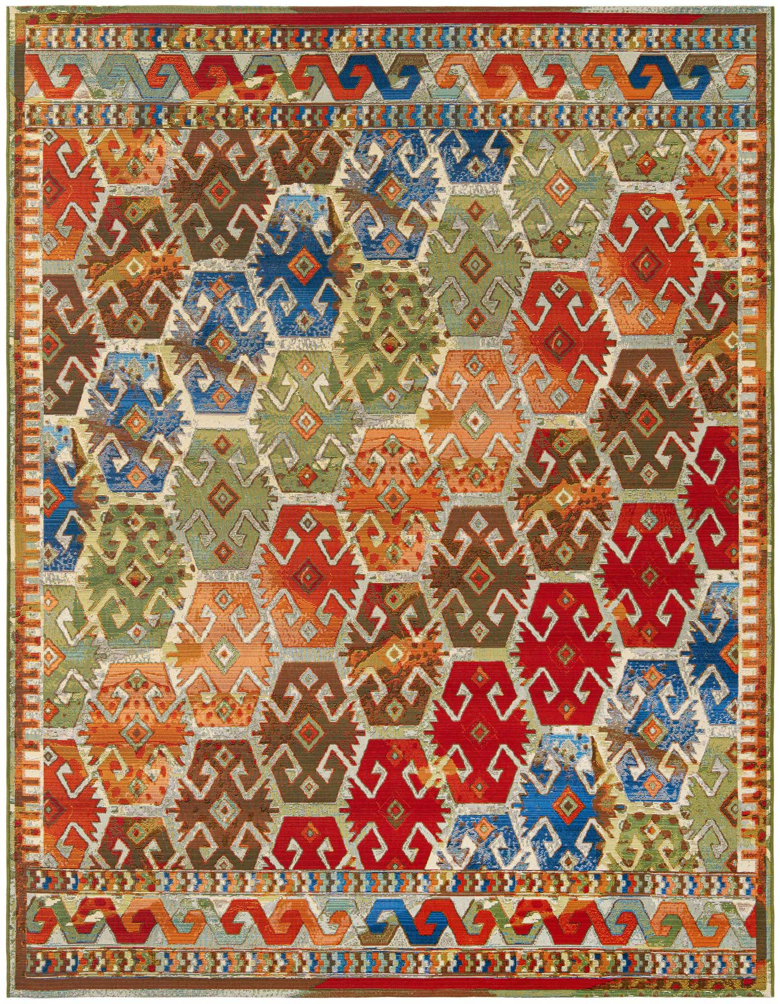 A vibrant 8x10 multi-colored rectangular rug with a modern geometric and stripe pattern, suitable for indoor or outdoor use.