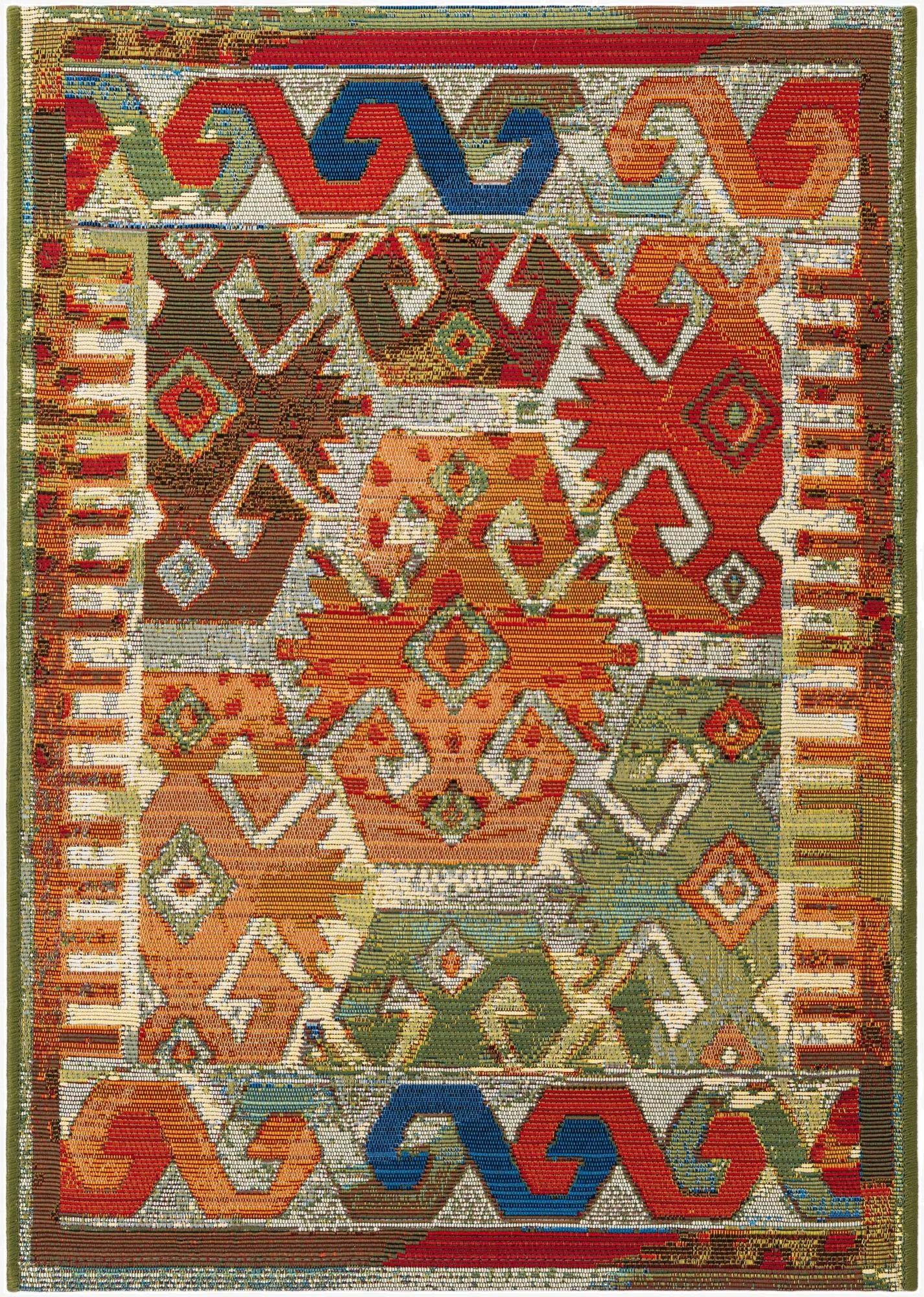 A 2x3 multi-colored rectangular rug with a traditional Southwestern pattern in shades of red, orange, blue, green, and brown.