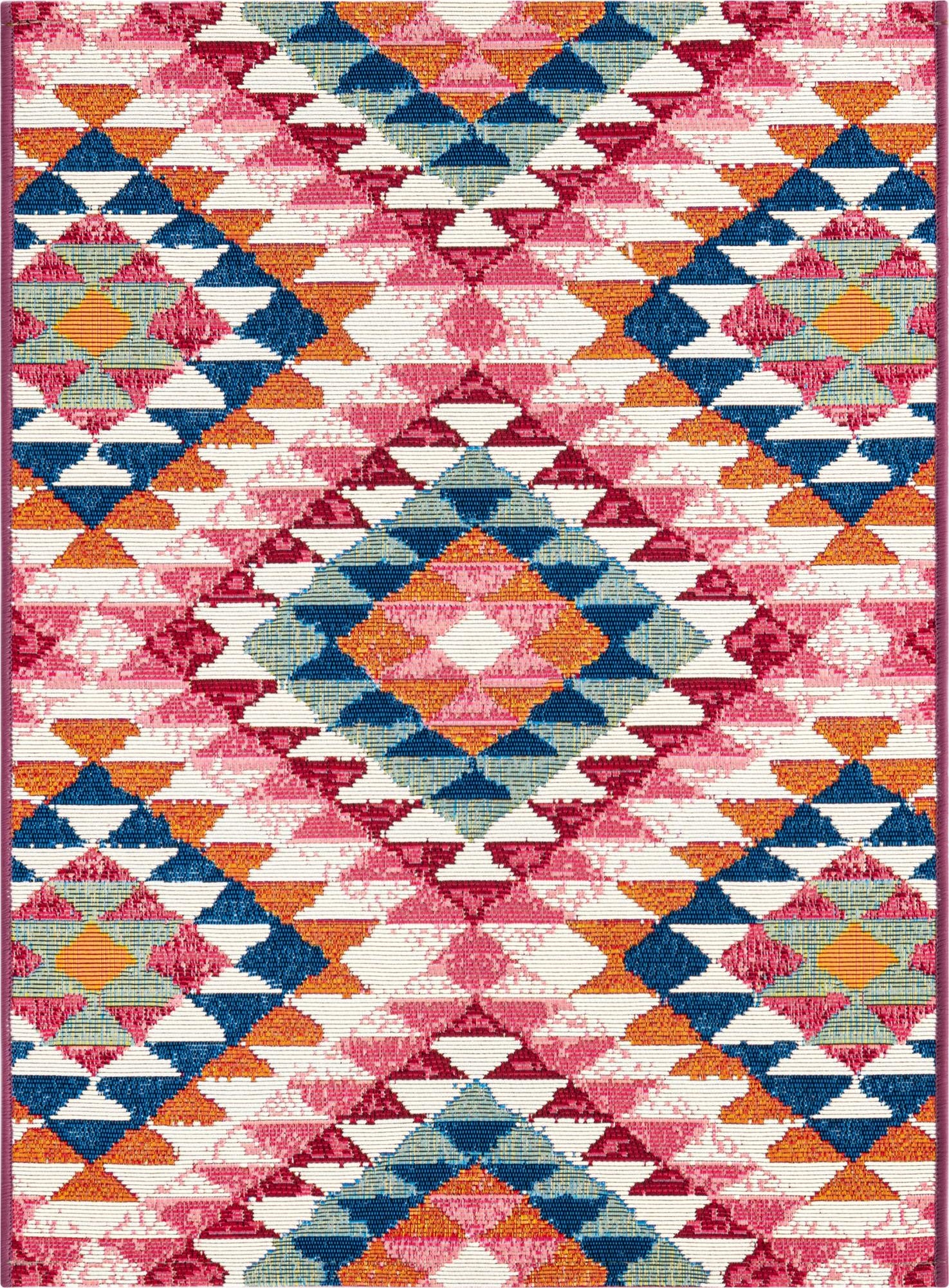 A 2x3 multi-colored rectangular rug with an eclectic Southwestern tribal pattern, featuring pink, blue, orange, and white geometric shapes.