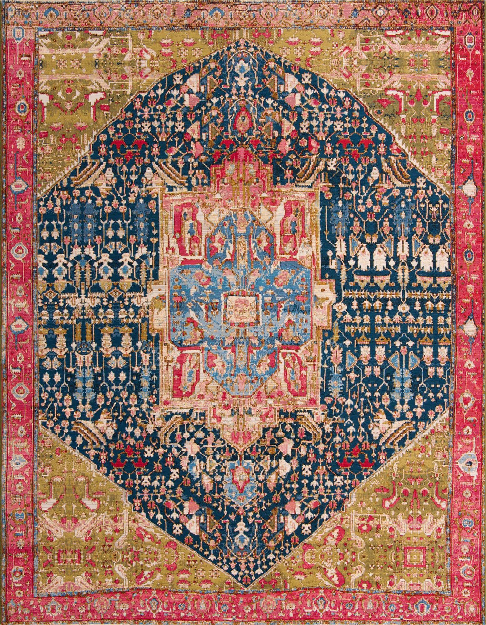 A 10x12 multi-colored traditional rectangular rug with a central medallion, featuring shades of blue, green, and pink, suitable for indoor or outdoor use.