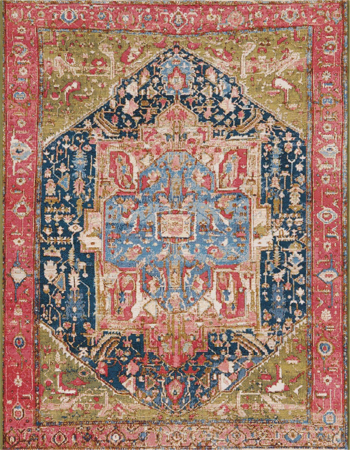 A 4x6 multi-colored rectangular rug with a traditional medallion pattern in shades of red, blue, green, and pink, suitable for indoor or outdoor use.