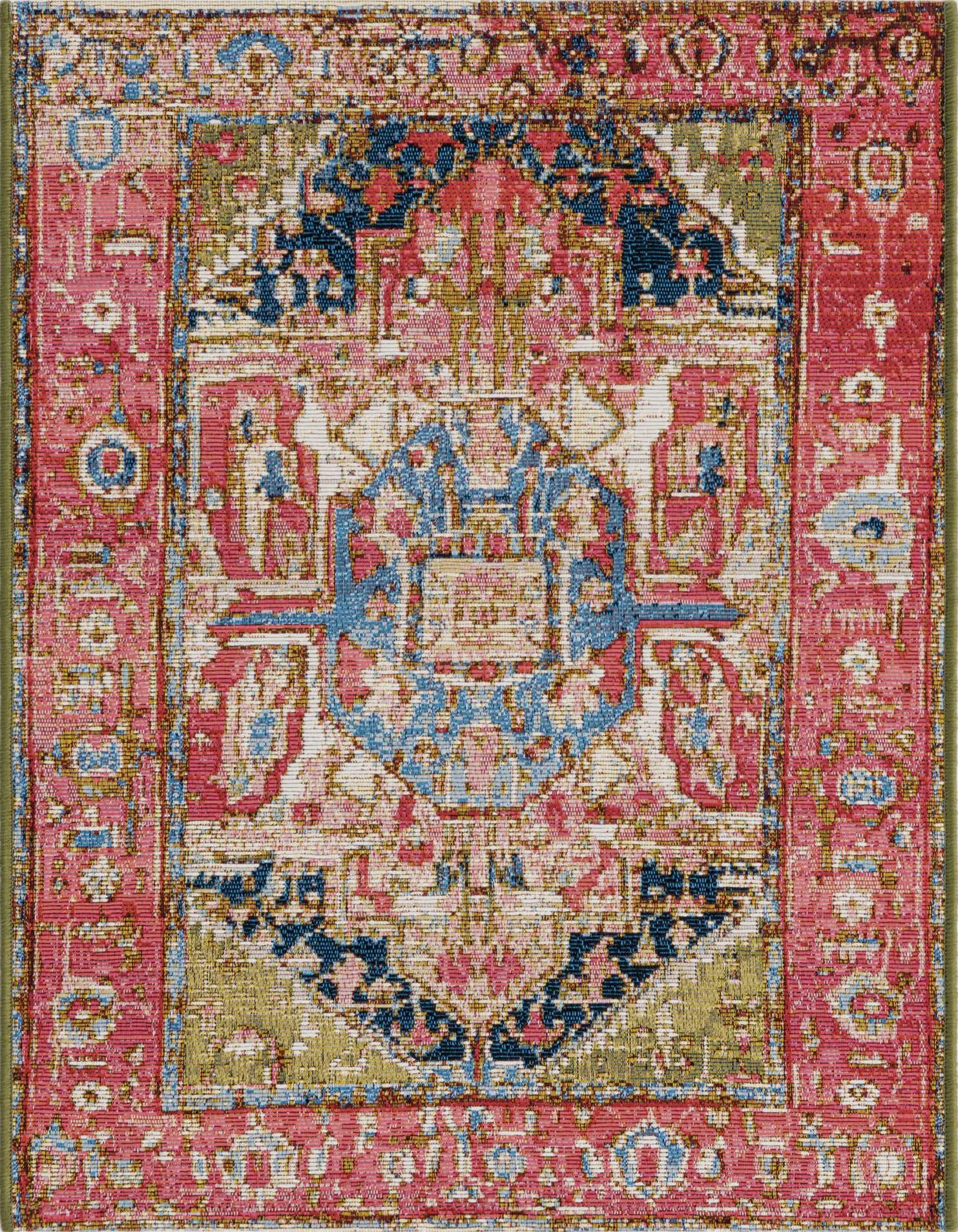 A 2x3 multi-colored rectangular rug with a traditional medallion pattern in pink, blue, and gold tones.