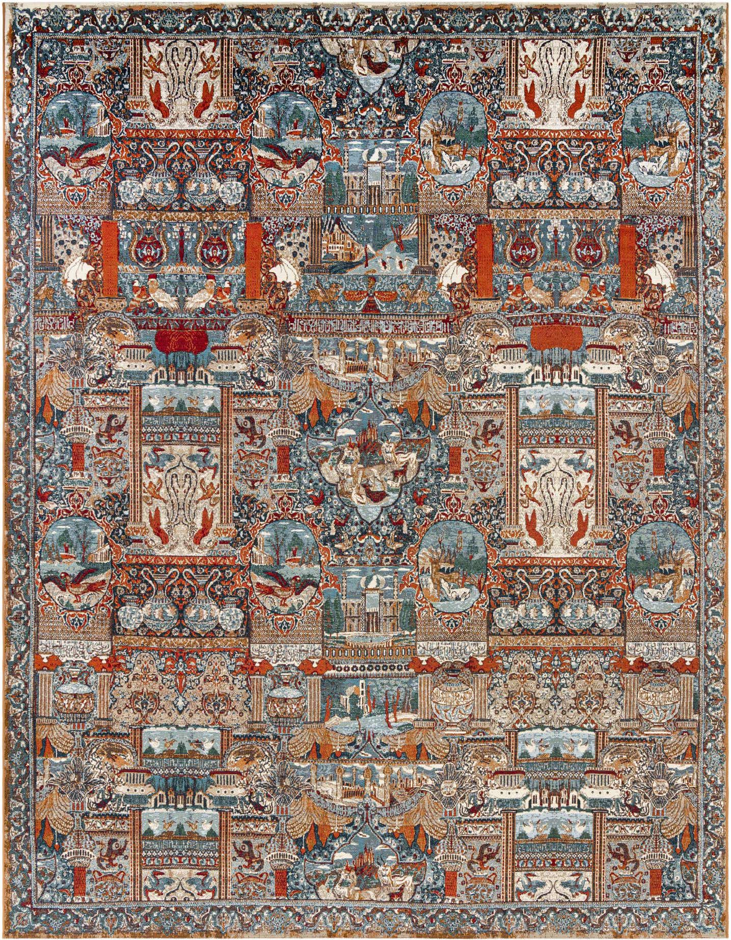 A 10x14 multi-colored rectangular outdoor rug with a complex traditional pattern featuring birds, trees, and architectural elements in shades of blue, orange, and beige.