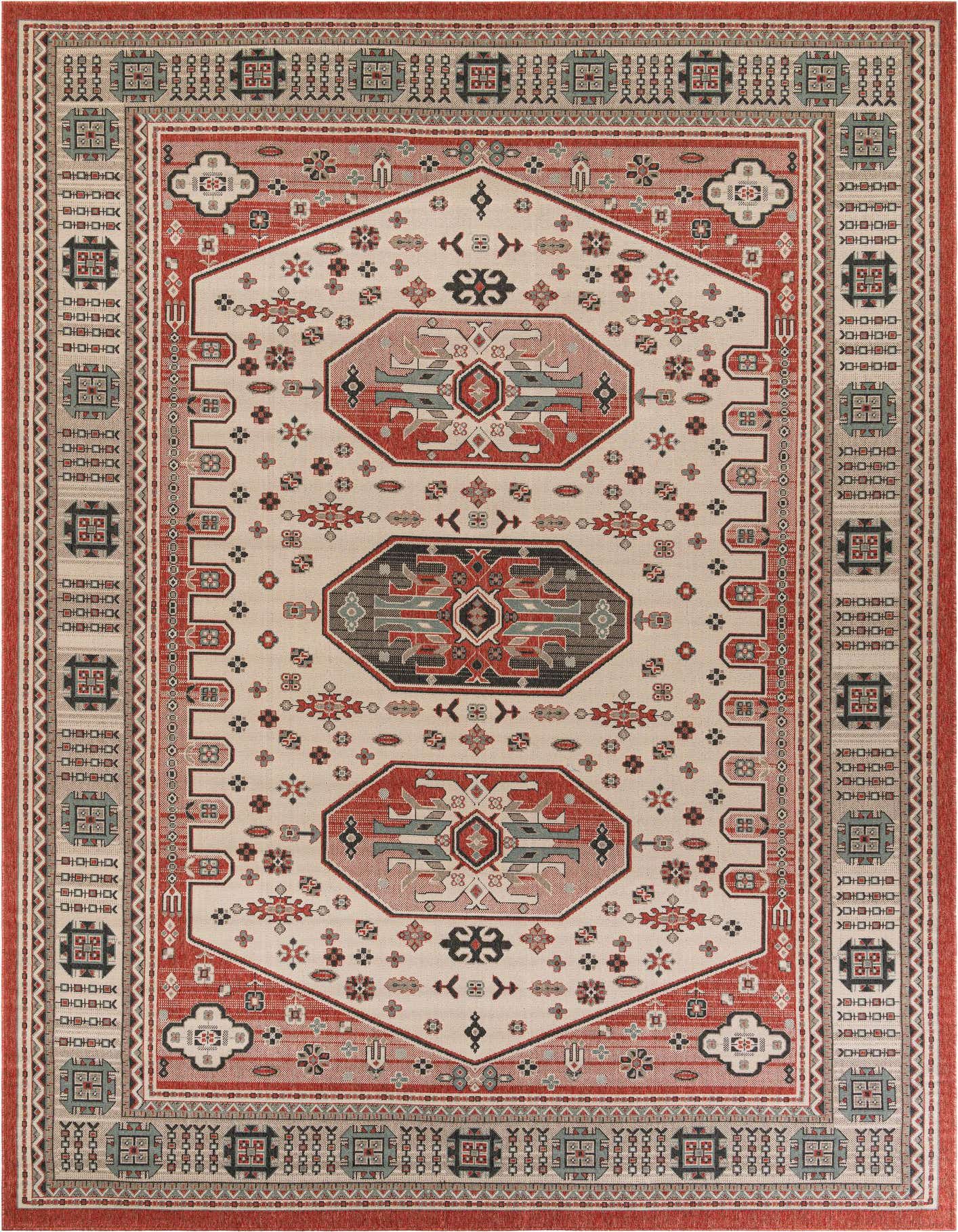 A 10x14 rectangular multi-colored Oriental rug with a central medallion and intricate border, ideal for a patio.