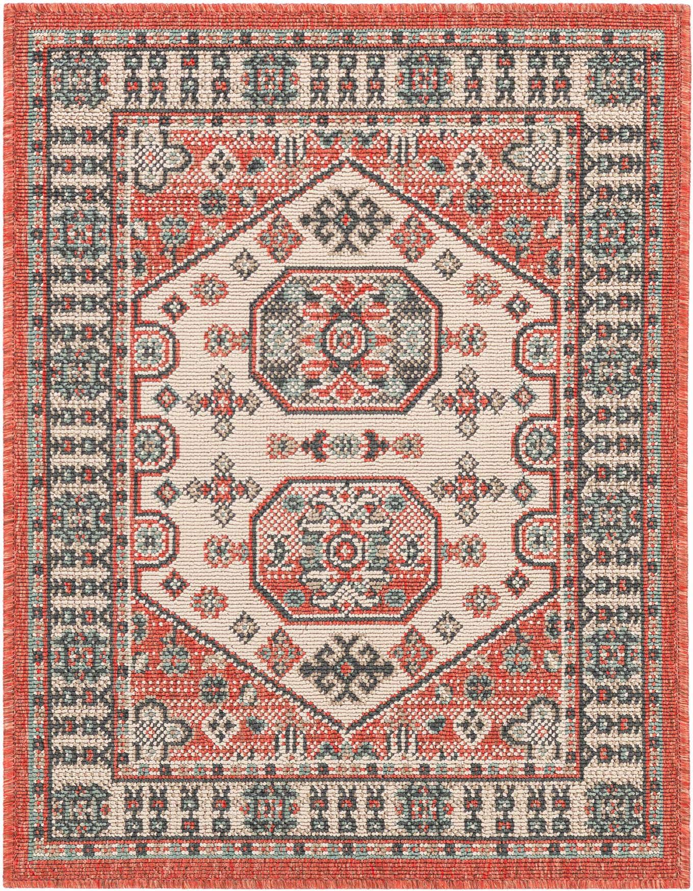 A 2x3 rectangular Rugs.com Outdoor Traditional rug featuring a multi-colored modern geometric pattern with red, cream, and teal accents, suitable for indoor or outdoor use.