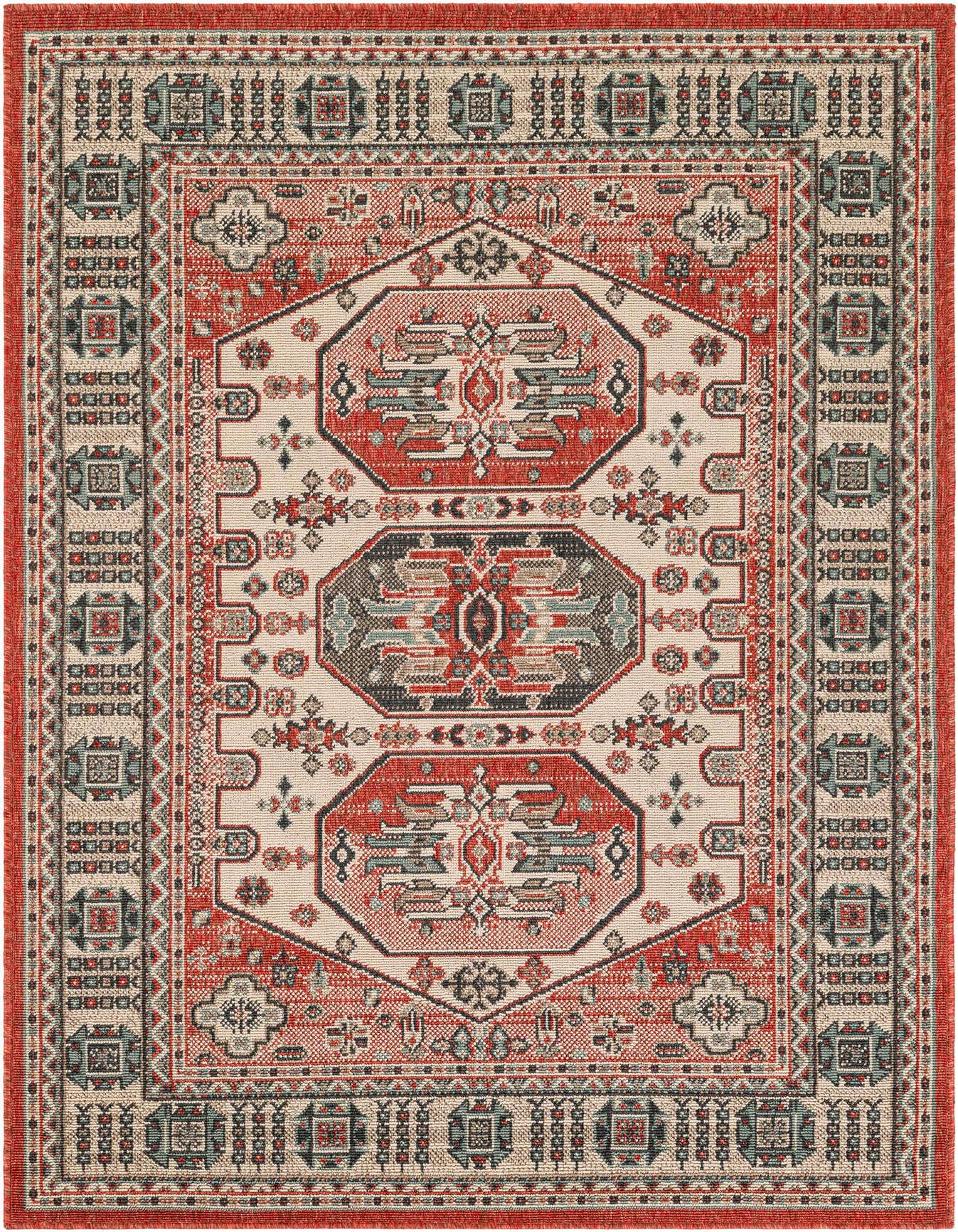 A 4x6 rectangular indoor/outdoor rug with a multi-colored modern pattern featuring shades of red, beige, and teal, perfect for a patio or living room.