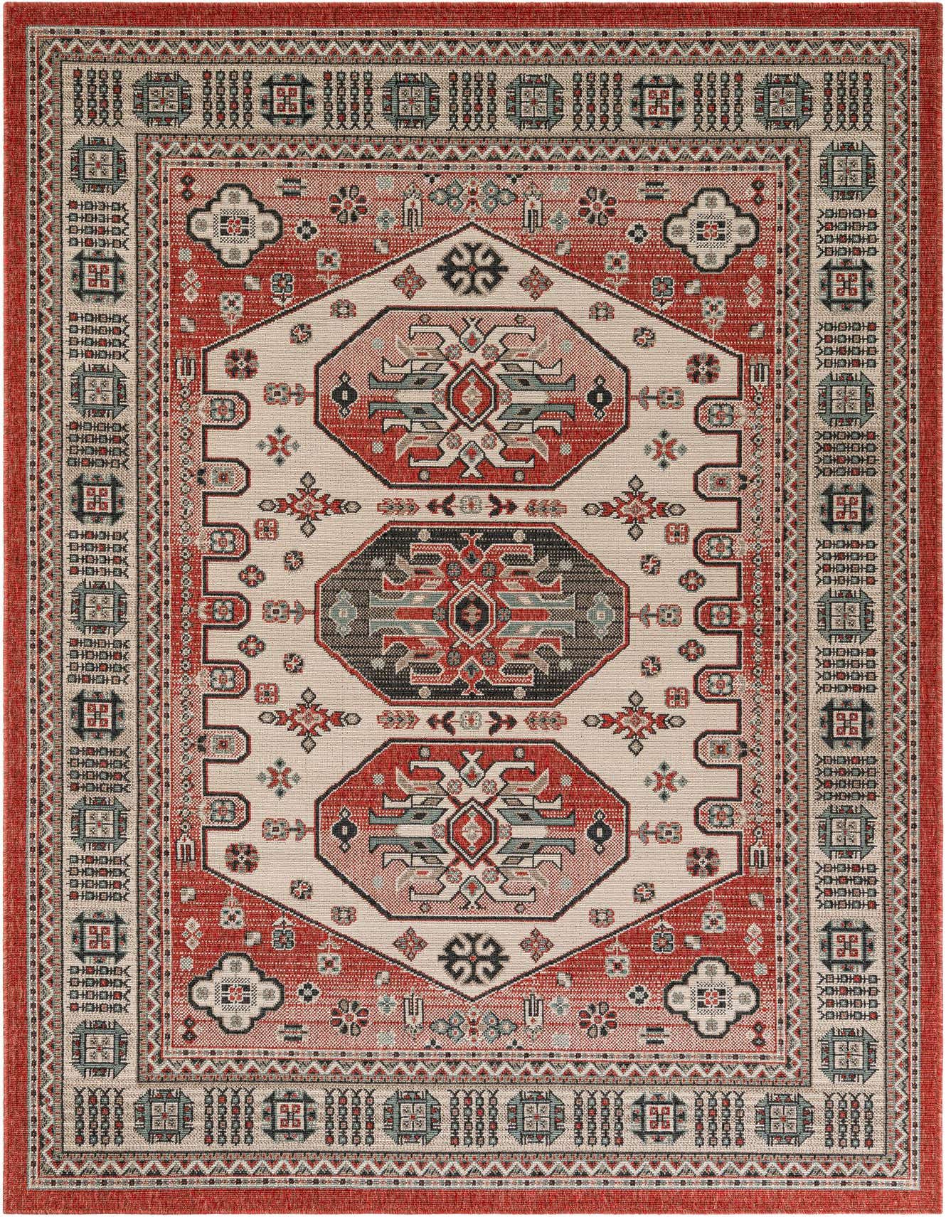 A 6x9 rectangular multi-colored Oriental rug with a traditional medallion pattern in reds, creams, and grays, suitable for indoor or outdoor use.