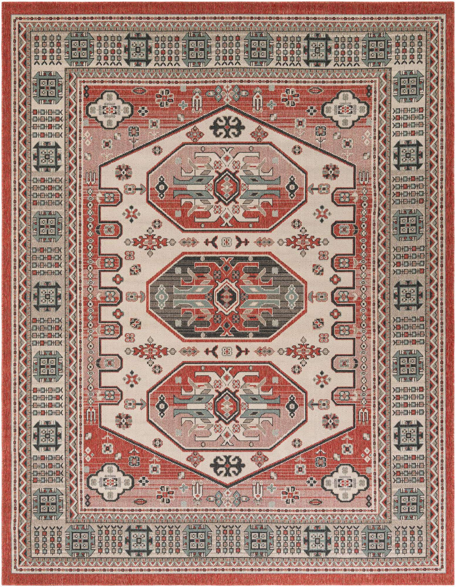 A rectangular 8x10 multi-colored oriental rug with a central medallion and traditional patterns in red, beige, and teal.