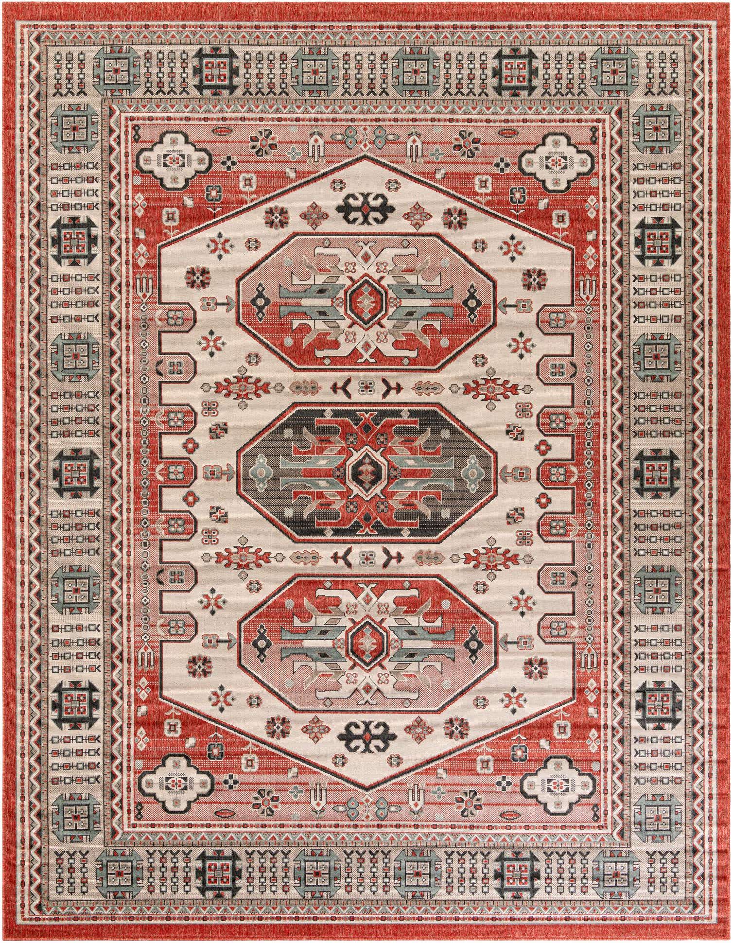 A 9x12 multi-colored rectangular Oriental rug featuring a traditional medallion pattern in shades of red, beige, black, and teal, suitable for indoor or outdoor use.