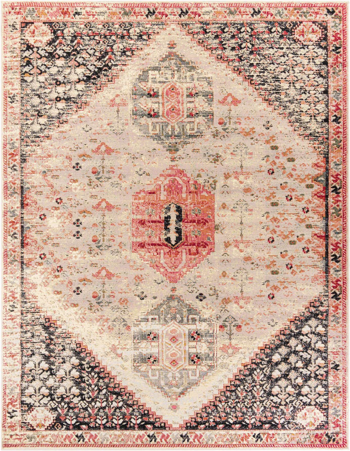 A 10x14 multi-colored modern rectangular rug with a distressed tribal pattern in pink, black, and grey, suitable for indoor or outdoor use.
