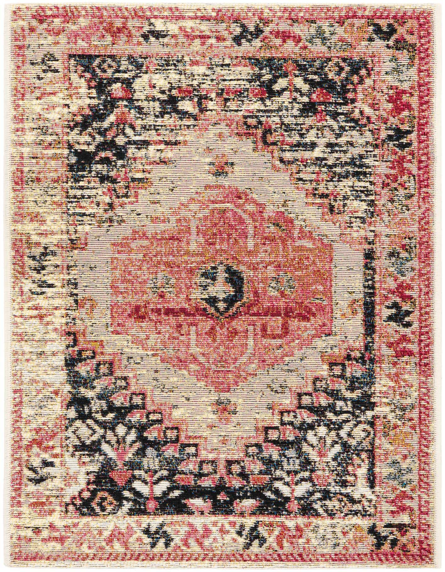 A 2x3 multi-colored rectangular rug with a distressed traditional medallion pattern in shades of red, black, and cream.