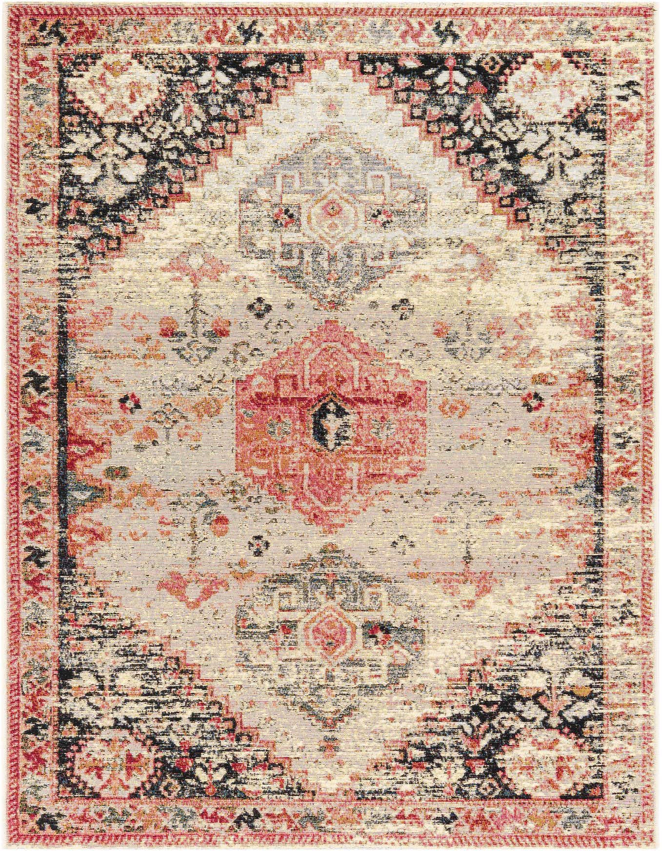 A 4x6 multi-colored rectangular rug with a distressed traditional medallion pattern in shades of red, black, and beige.