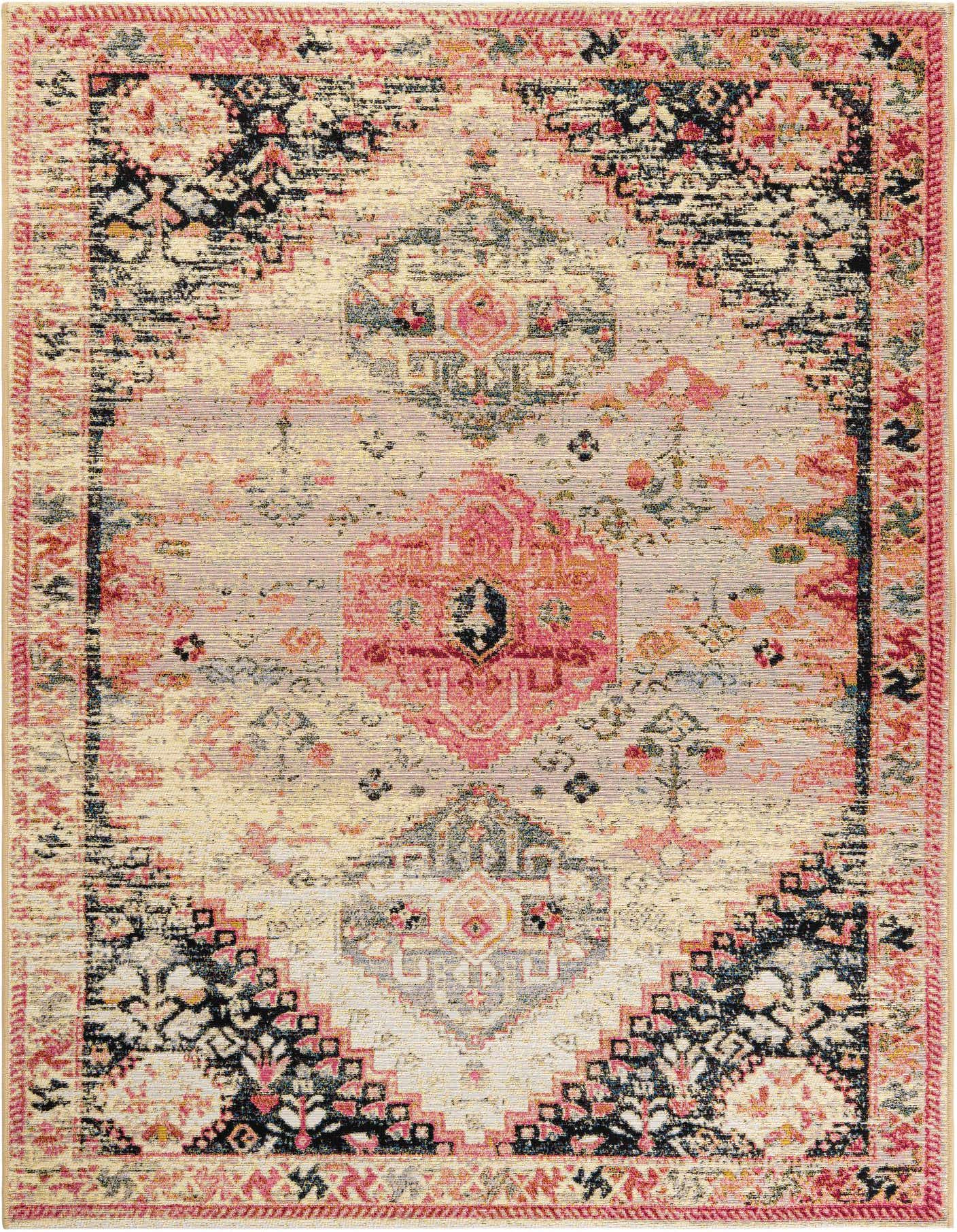 A 5x8 rectangular multi-colored rug with a distressed traditional medallion pattern in shades of pink, black, and beige, suitable for indoor or outdoor use.