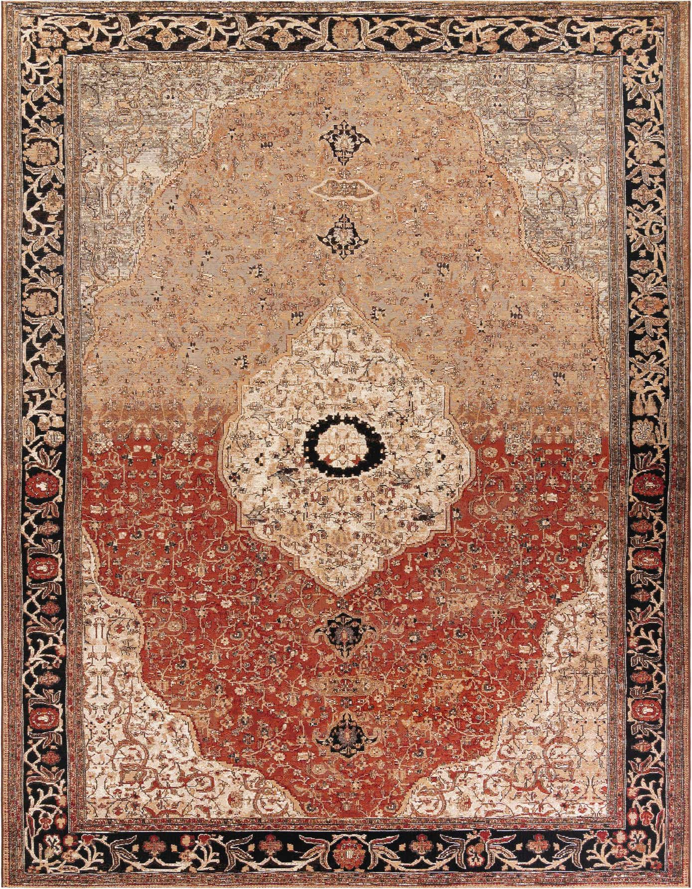 A 10x14 rectangular multi-colored modern rug with a traditional medallion pattern and a black floral border.