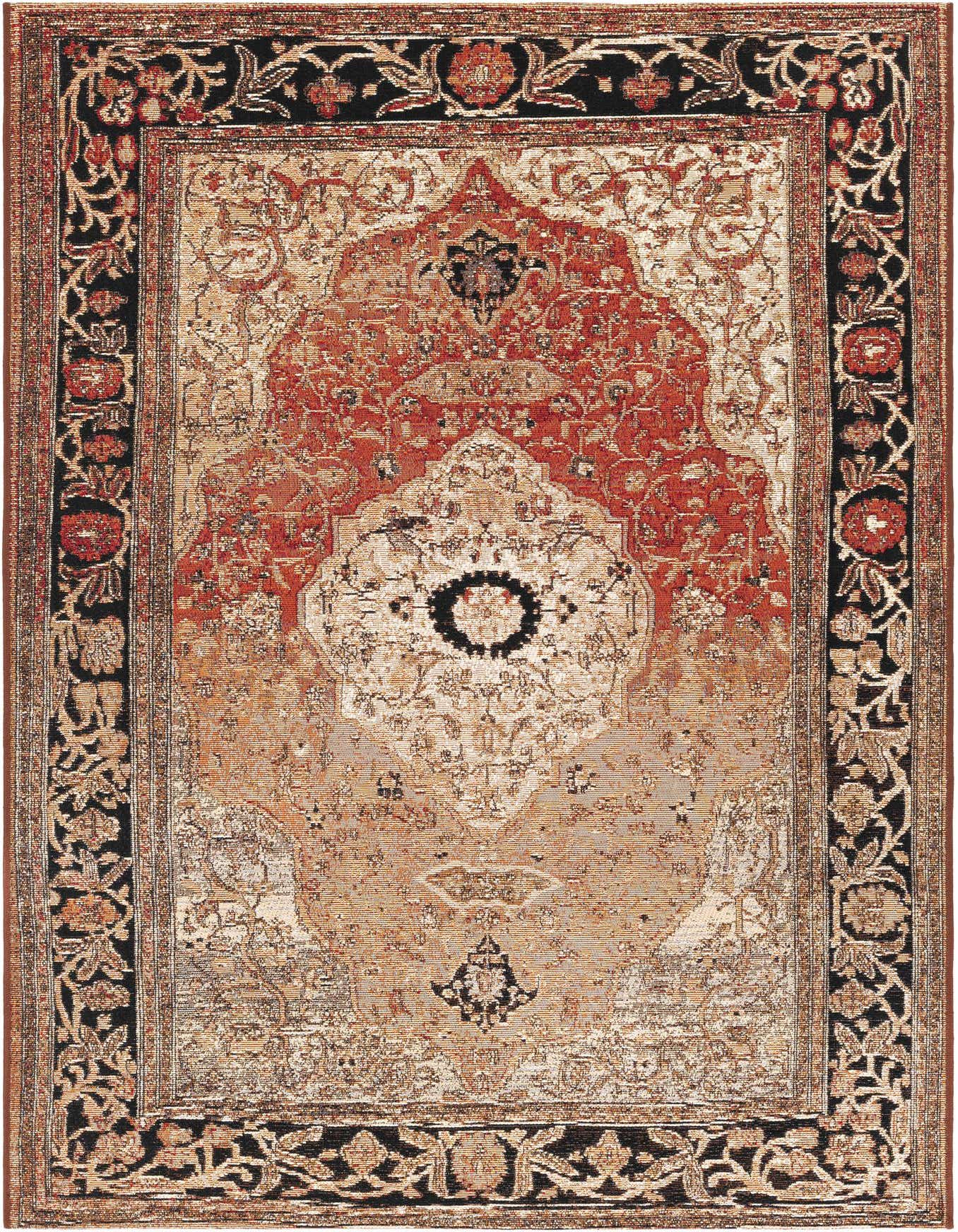 A 4x6 rectangular multi-colored traditional rug featuring a central medallion and ornate border in shades of red, beige, black, and orange.