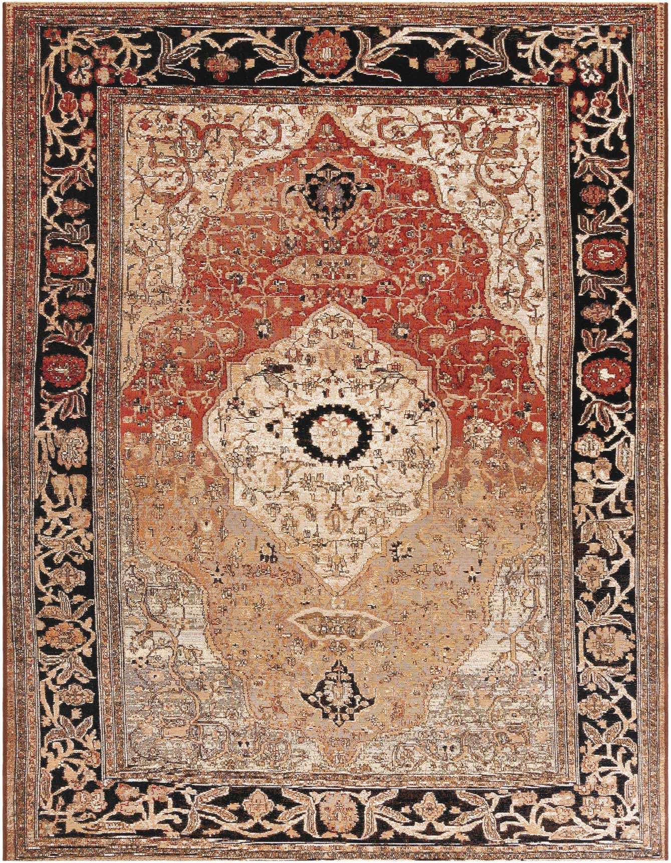 A 6x9 multi-colored rectangular traditional rug with a central medallion and ornate floral border, suitable for indoor/outdoor use.