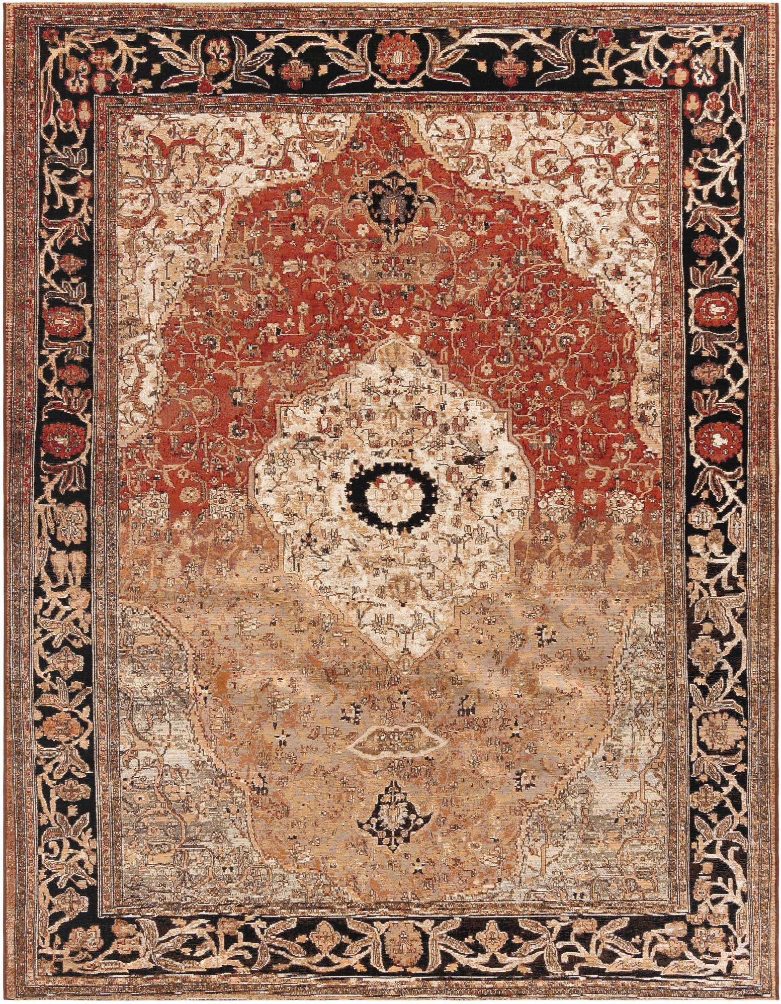 An 8x10 multi-colored rectangular modern rug with a central medallion and ornate border, suitable for indoor or outdoor use.