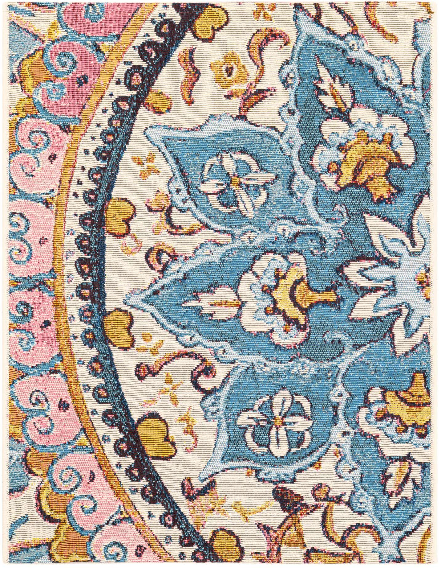 Close-up of a multi-colored 2x3 rectangular rug featuring a traditional medallion pattern in blue, pink, and gold on a cream background.