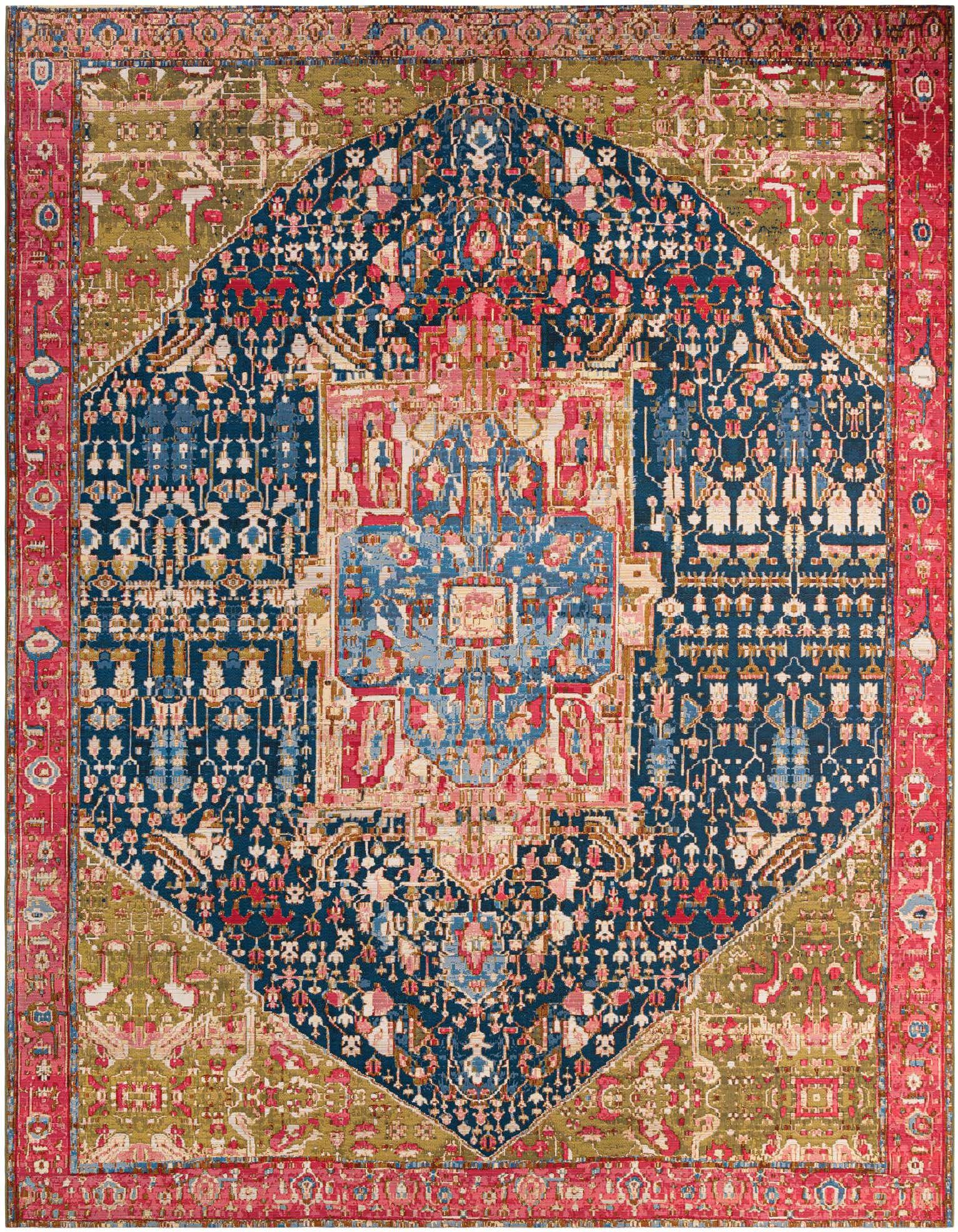 A 12x16 multi-colored rectangular indoor/outdoor rug with a traditional medallion pattern in blue, red, and olive green.