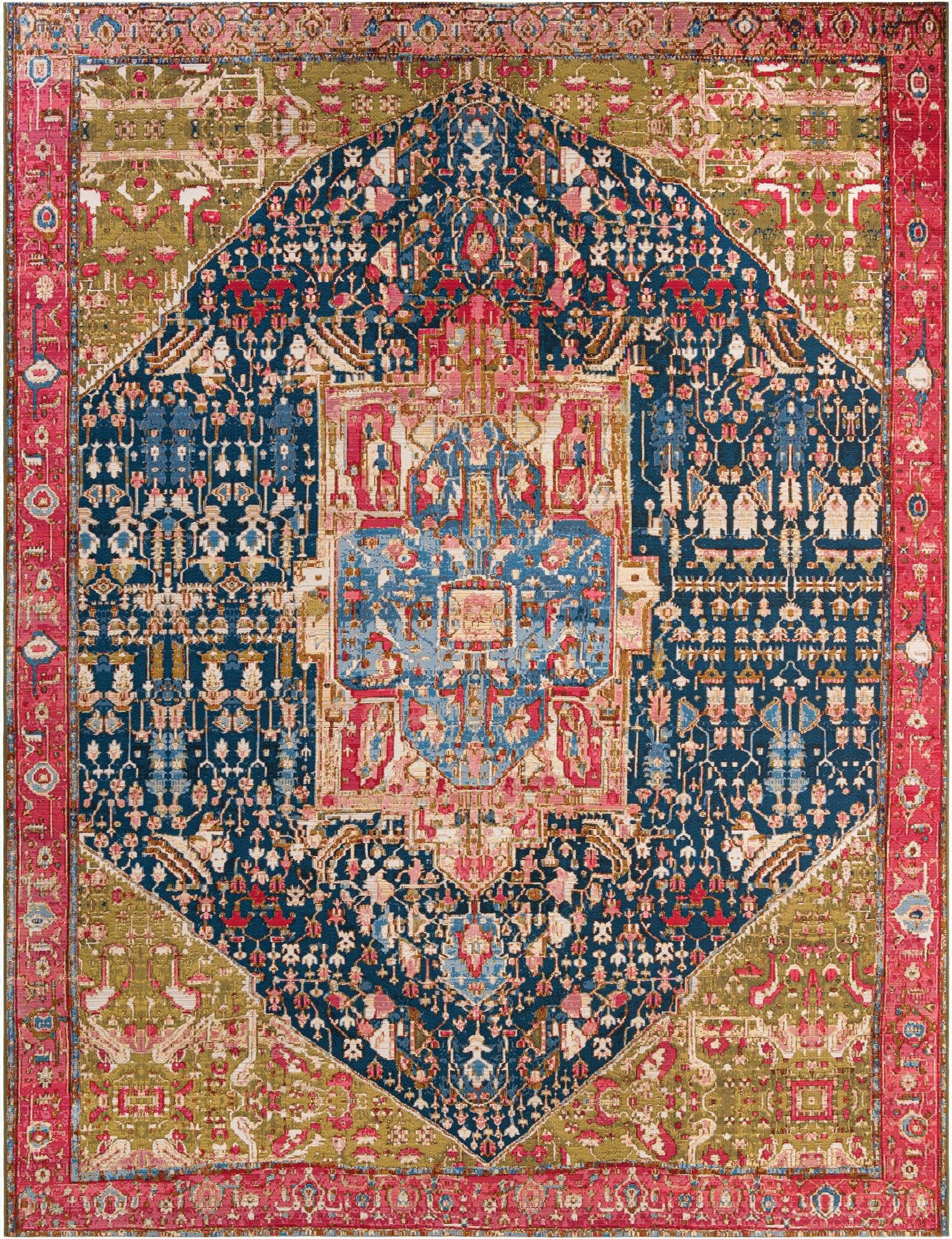 A 10x13 rectangular multi-colored traditional rug with a large central medallion in shades of blue, red, and olive green.