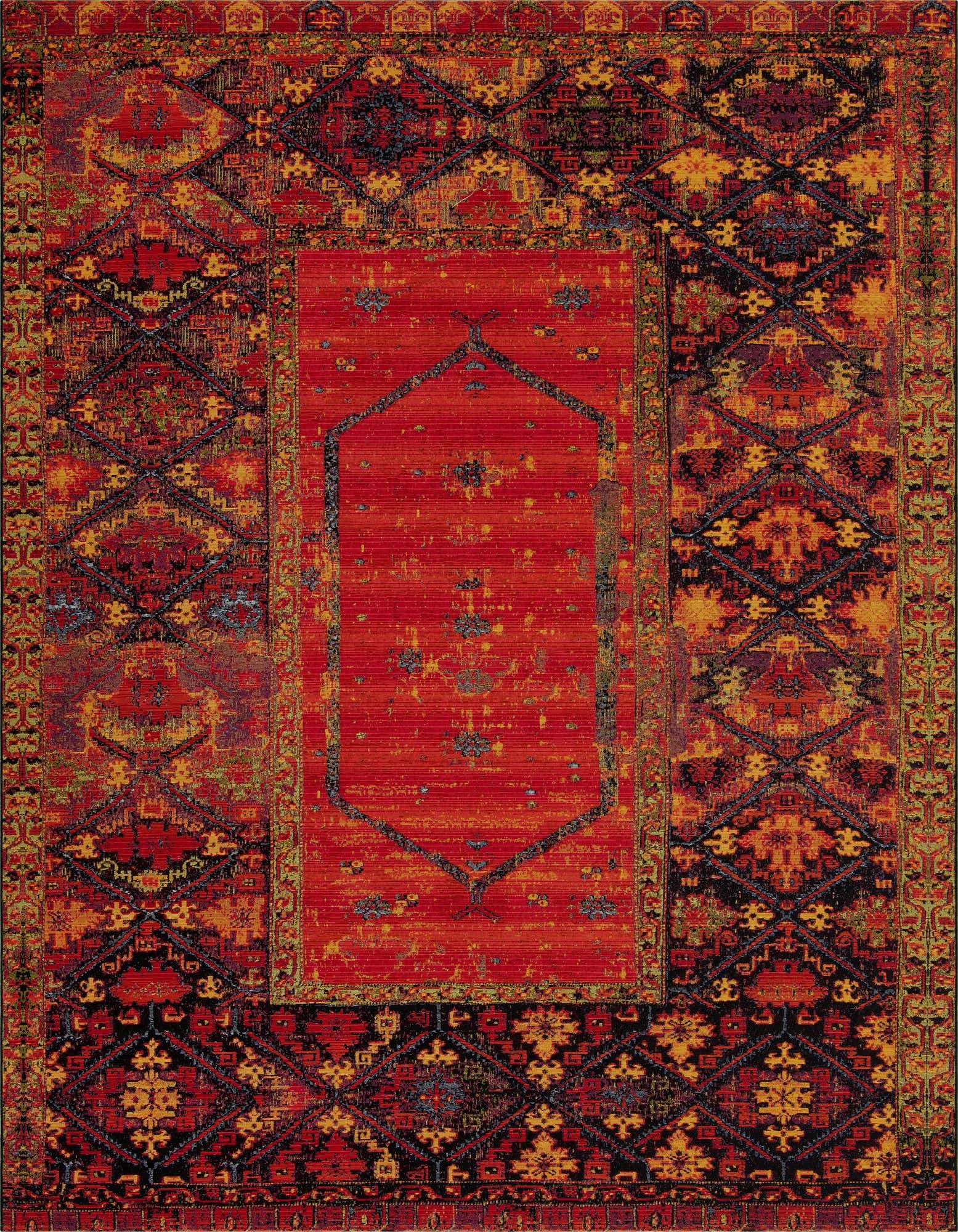 A vibrant 10x12 rectangular multi-colored tribal rug with a distressed look, featuring a central medallion and geometric patterns.